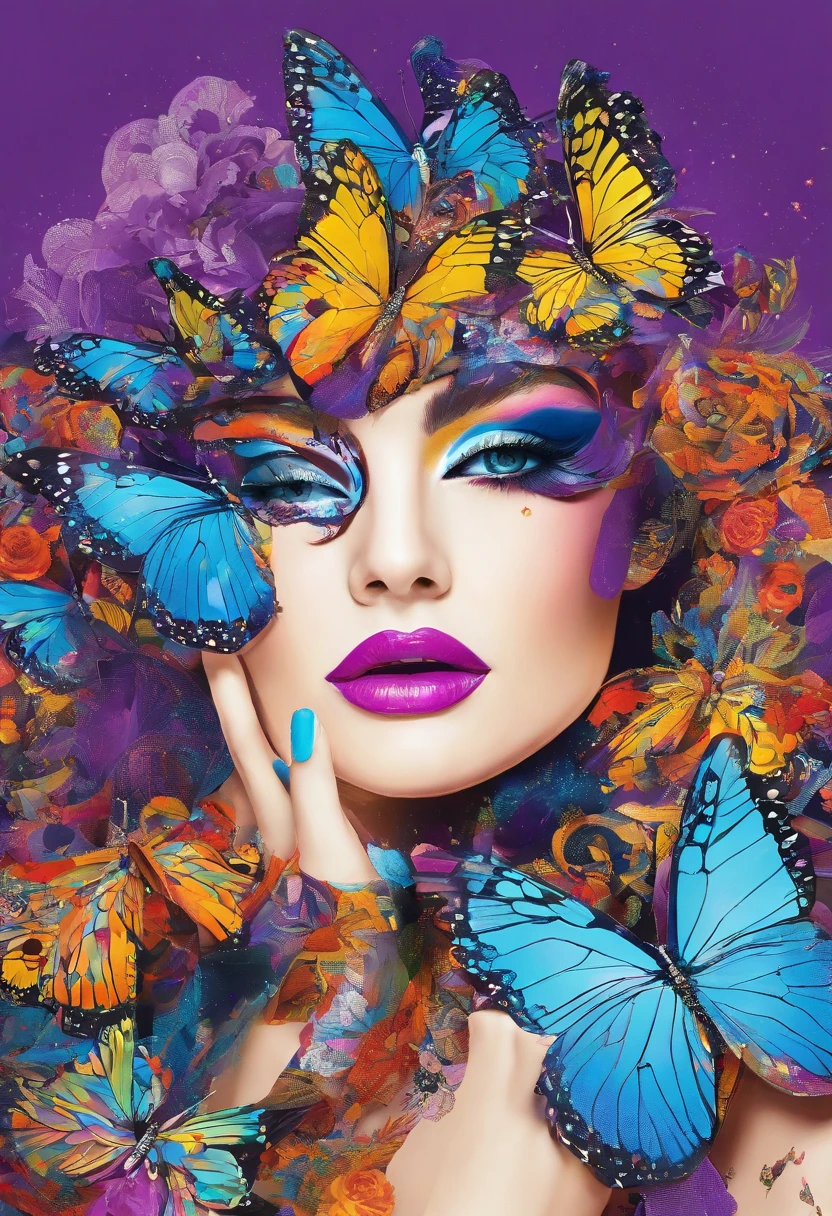 Butterfly motif、Purple and blue tones、Vibrant colors、((masterpiece)))、(((top-quality)))、((ultra-detailliert))、(A hyper-realistic)、(highly detailed CGillustration)、From the right side、Official art、Milan at the beginning of the 20th century、Decadent、Madame Papillon、Masquerade、refinement、Elegance、Gorgeous、Masks that cover most of the face、Colorful and detailed mask design、matchless beauty、Fans、gorgeous dress、jewely、Perfect Angle、perfect-composition。full body Esbian
