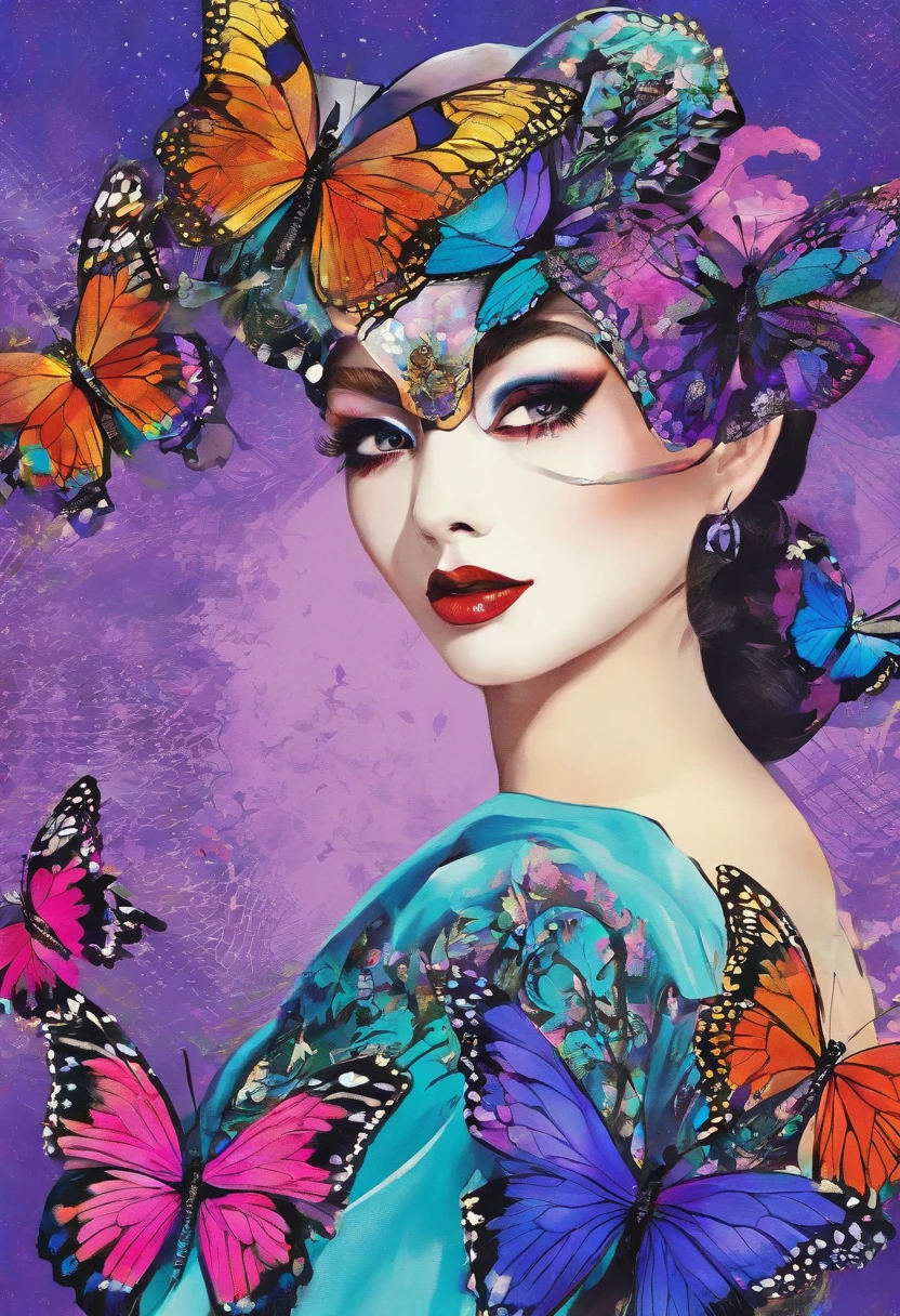 Butterfly motif、Purple and blue tones、Vibrant colors、((​masterpiece)))、(((top-quality)))、((ultra-detailliert))、(A hyper-realistic)、(highly detailed CGillustration）、From the right side、Official art、Milan at the beginning of the 20th century、Decadent、Madame Papillon、Masquerade、refinement、Elegance、Gorgeous、Masks that cover most of the face、Colorful and detailed mask design、matchless beauty、Fans、gorgeous dress、jewely、Perfect Angle、perfect-composition。full body Esbian