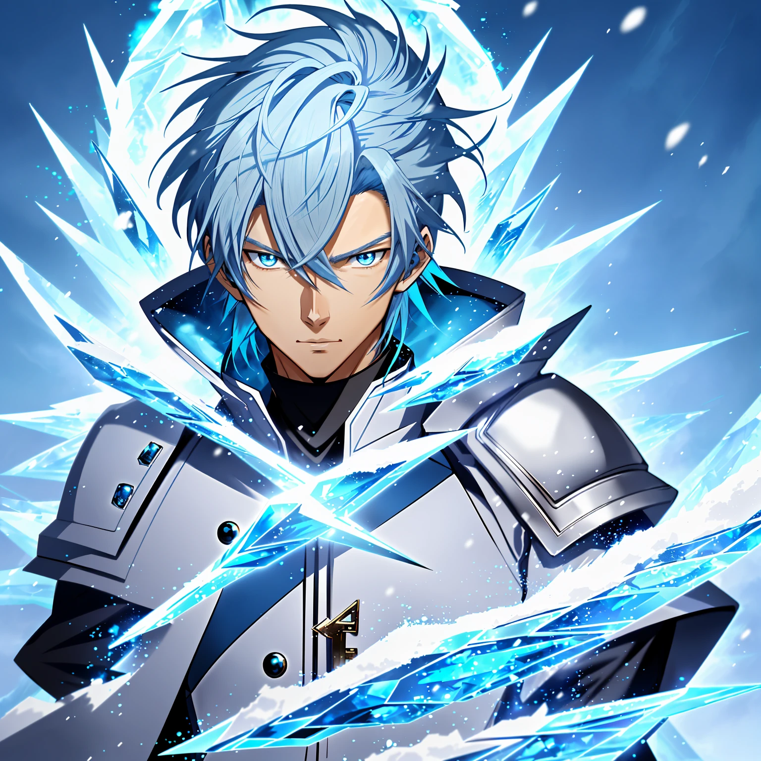 Anime character with blue hair and blue eyes in snow scene, Ice Mage, Tall anime character with blue eyes, freezing blue skin, Key anime art,, male anime characters, ice crystal armor, Detailed key animation art, Magic Knight complete avatar, blue and ice silver coat, Has the power of ice
