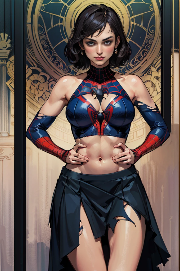 keira knightley、Sticking out the navel、newyork、She wears a torn Spider-Man suit,wearing skirt、abstract photorealistic、artistic、Alphonse Mucha's painting(masterpiece、top-quality、hight resolution:1.4)、detaileds、intricate-detail、4K、color splashes、line-drawing、Fibonacci、