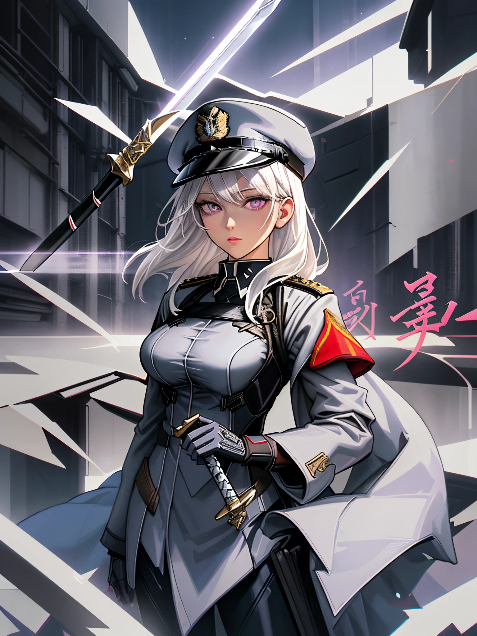 This image is a digital illustration made by MSchiffer with dynamic dark lines in cel-shaded style, showing the spectacular beauty of a young adult woman, who wears military clothing. Holding a large sword, She has grayish white hair, wears a military hat, Violet eyes, She is looking at the viewer. Very low point of view. Tetradic colors.