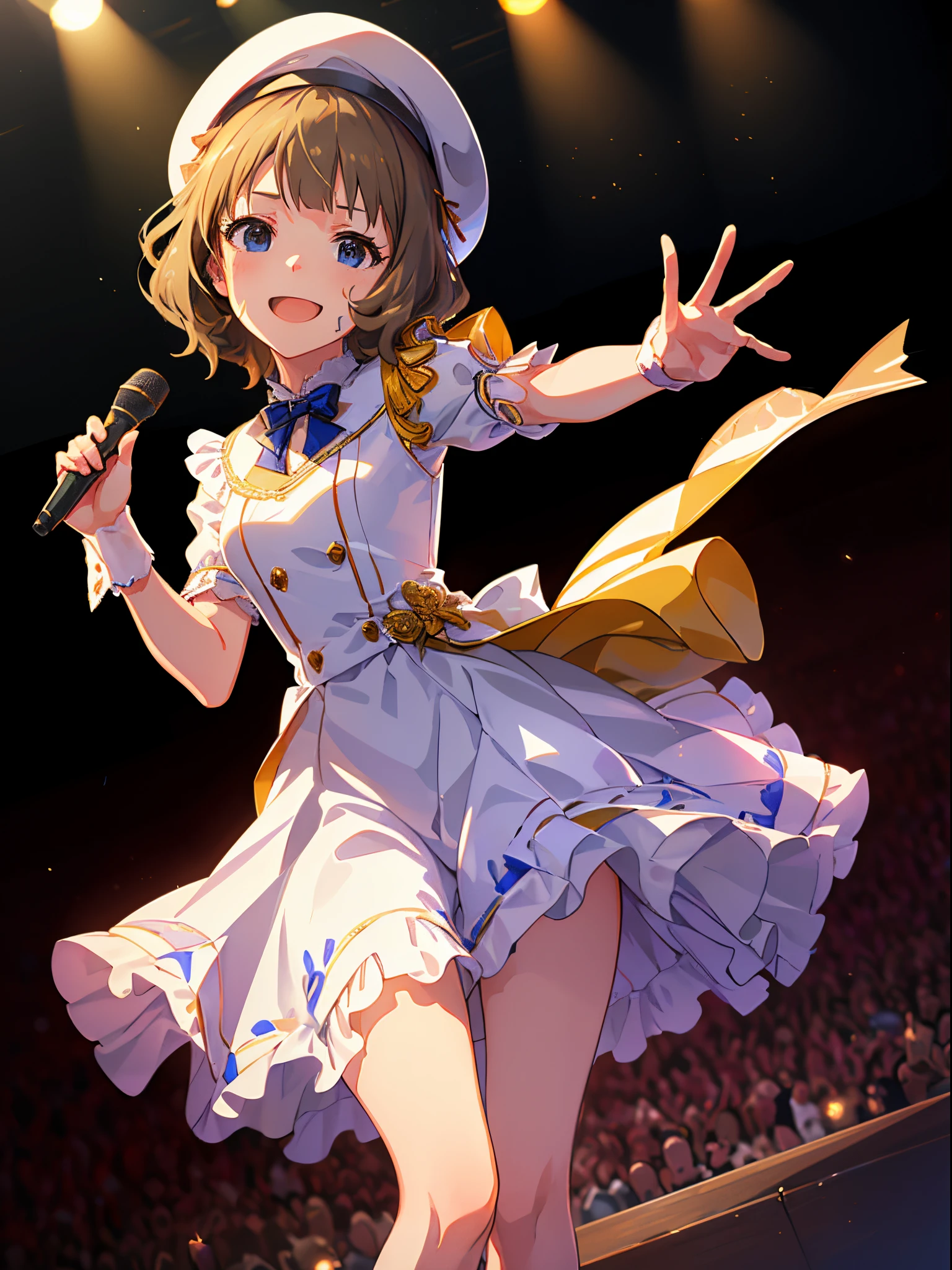 momoko suou (million live), 1 girl, Solo, Best Quality, masutepiece, High resolution, Detailed face, Cinematic Angle, (((sing at stage, Waving, Smile, blush, Sweat:1.2,))), (((idol costume, White beret, white and blue ruffle dress, Holding a microphone:1.2, thighs thighs thighs thighs))), (((concert, stage, concert light, spot light,)))