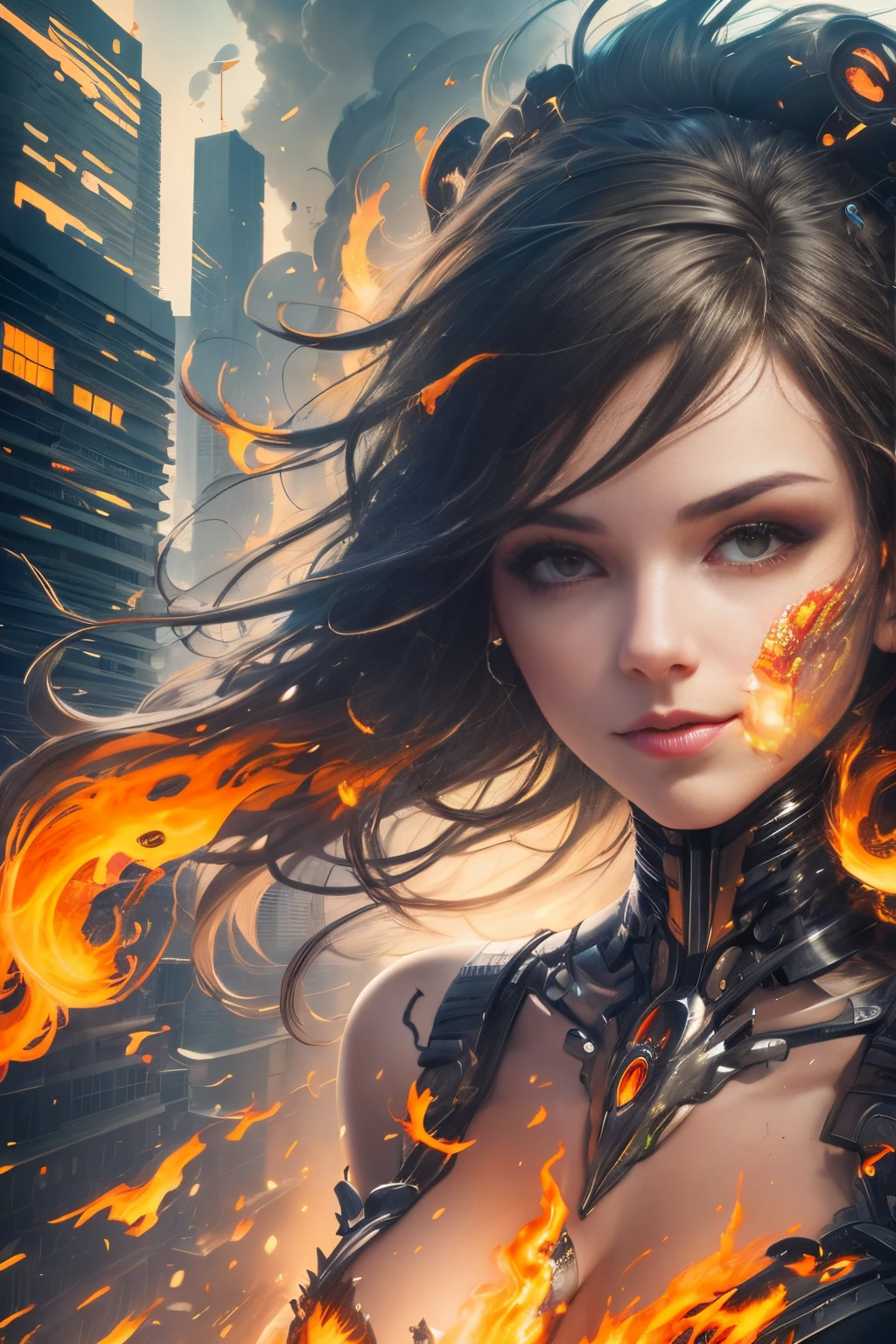 woman face, mechanical and animal like body, on fire, floating, city,