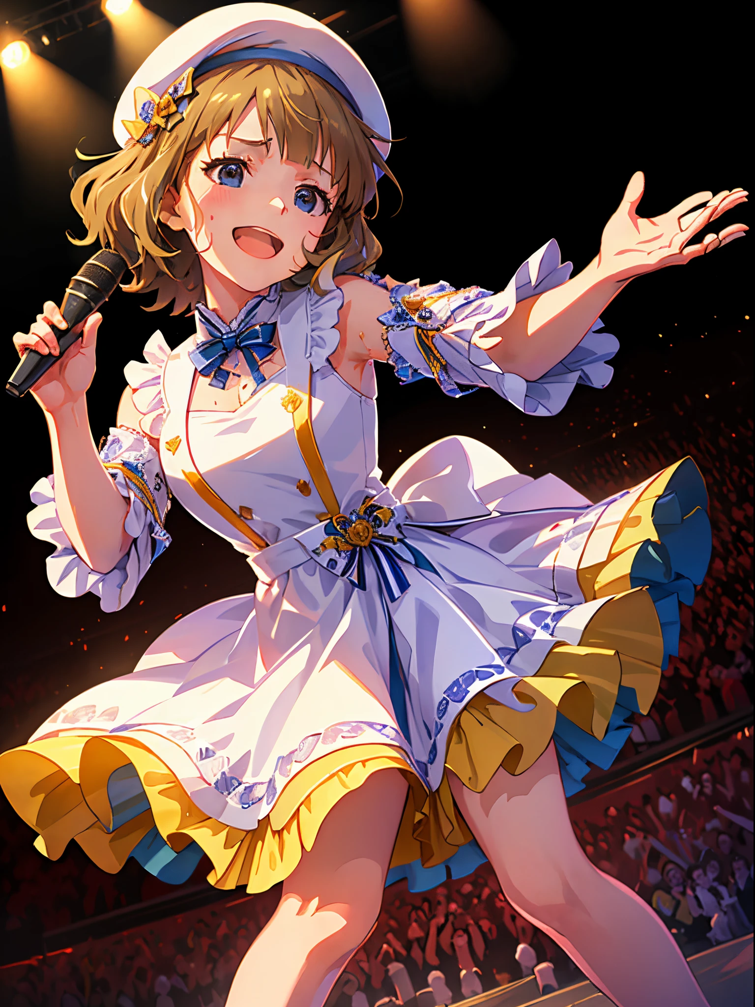 momoko suou (million live), 1 girl, Solo, Best Quality, masutepiece, High resolution, Detailed face, Cinematic Angle, (((sing at stage, Waving, Smile, blush, Sweat:1.2,))), (((idol costume, White beret, white and blue ruffle dress, Holding a microphone:1.2, thighs thighs thighs thighs))), (((concert, stage, concert light, spot light,)))