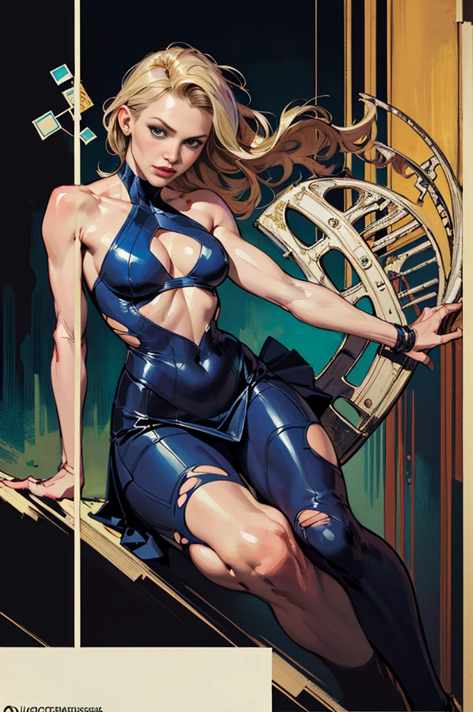 Cameron Diaz、Sticking out the navel、newyork、She wears a torn Spider-Man suit,wearing skirt、abstract photorealistic、artistic、Alphonse Mucha's painting(masterpiece、top-quality、hight resolution:1.4)、detaileds、intricate-detail、4K、color splashes、line-drawing、Fibonacci、