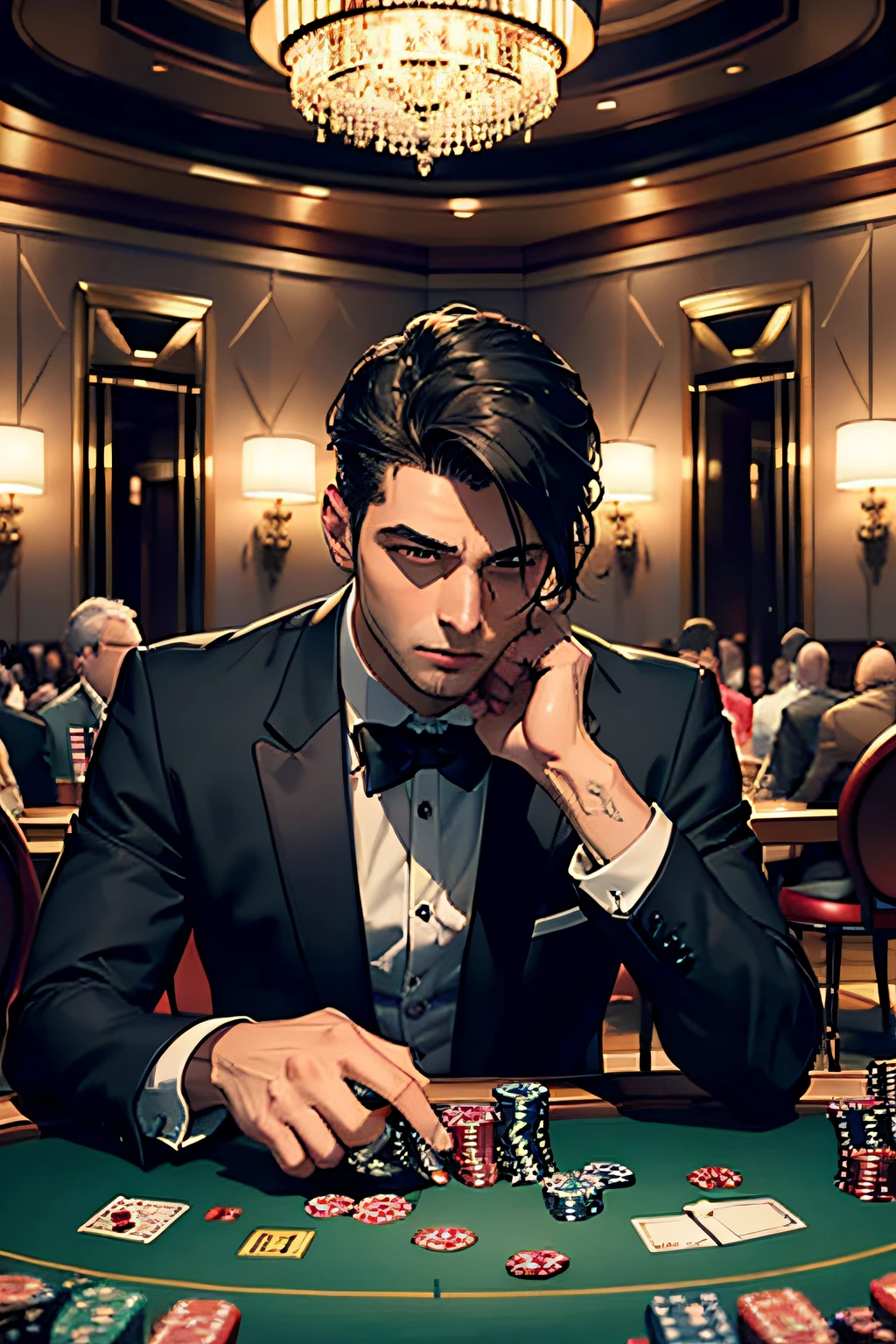 (best quality,realistic),man standing going to sit on his chair at the Texas Hold'em poker table in a casino, well-dressed, poker tables behind him and casino filled, vibrant colors,professional lighting,poker chips,romantic atmosphere,lively background music,winning poker hand,confident facial expression,intense concentration,high-stakes game,strong competition,noisy chatter,suspense,high energy,player's perspective,upscale,upscale furnishing,collective excitement,provocative artwork,Las Vegas-style décor,money on the table,dramatic shadows,smoke-filled room,cocktail in hand,glamorous attire,decorative lighting,HDR,UHD.