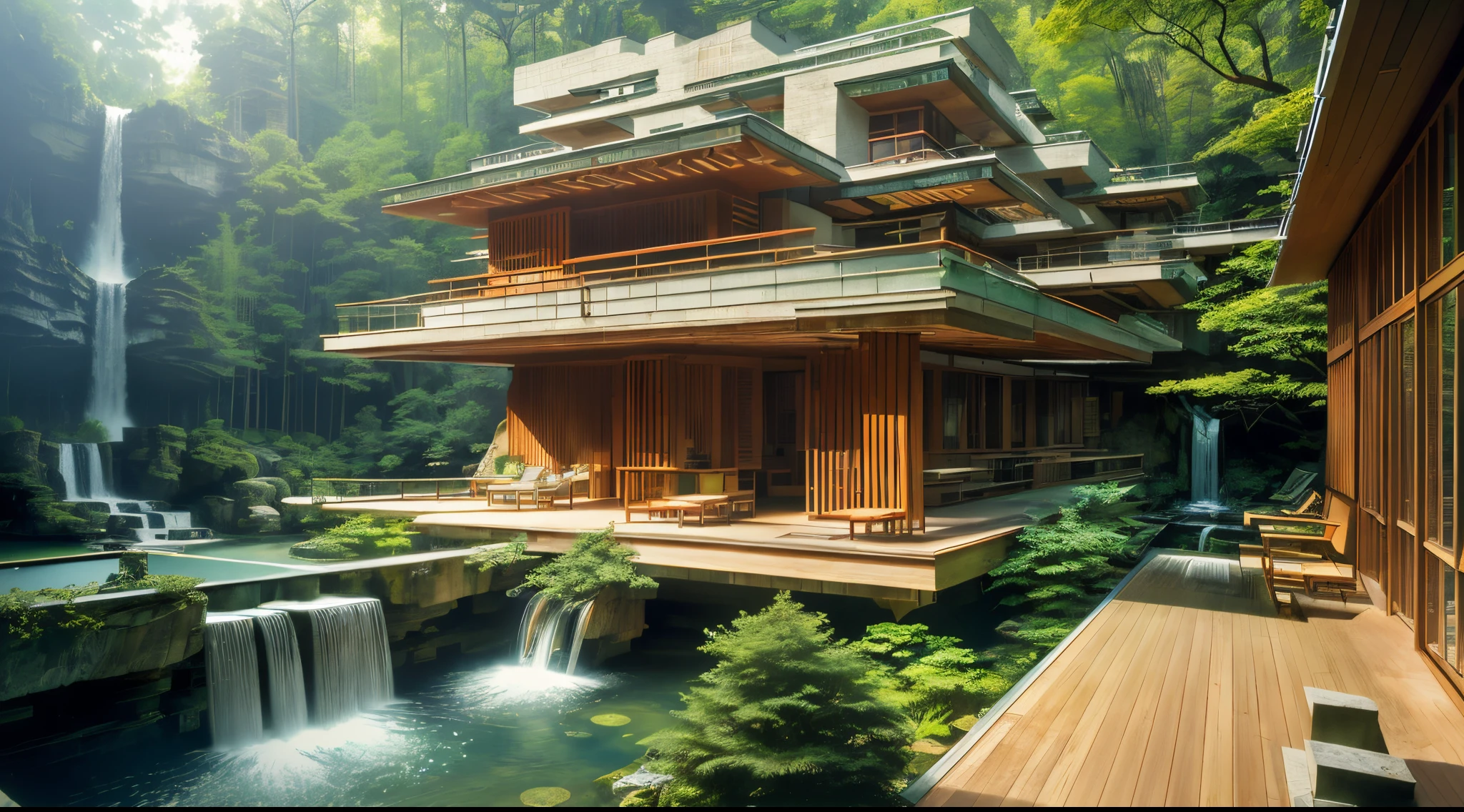 very small glass family villa in the forest, futuristic wooden house, Vertical wooden panels (((Water falls))), (((one store house))) (minimalism influence), ((Frank Lloyd Wright Fallingwater)),(((with large terraces))), ((natural lake)), waterfall, one-story house, big panorama windows. (((Standing wooden panels))) ((high waterfalls inside atrium)), footbridge through waterfall