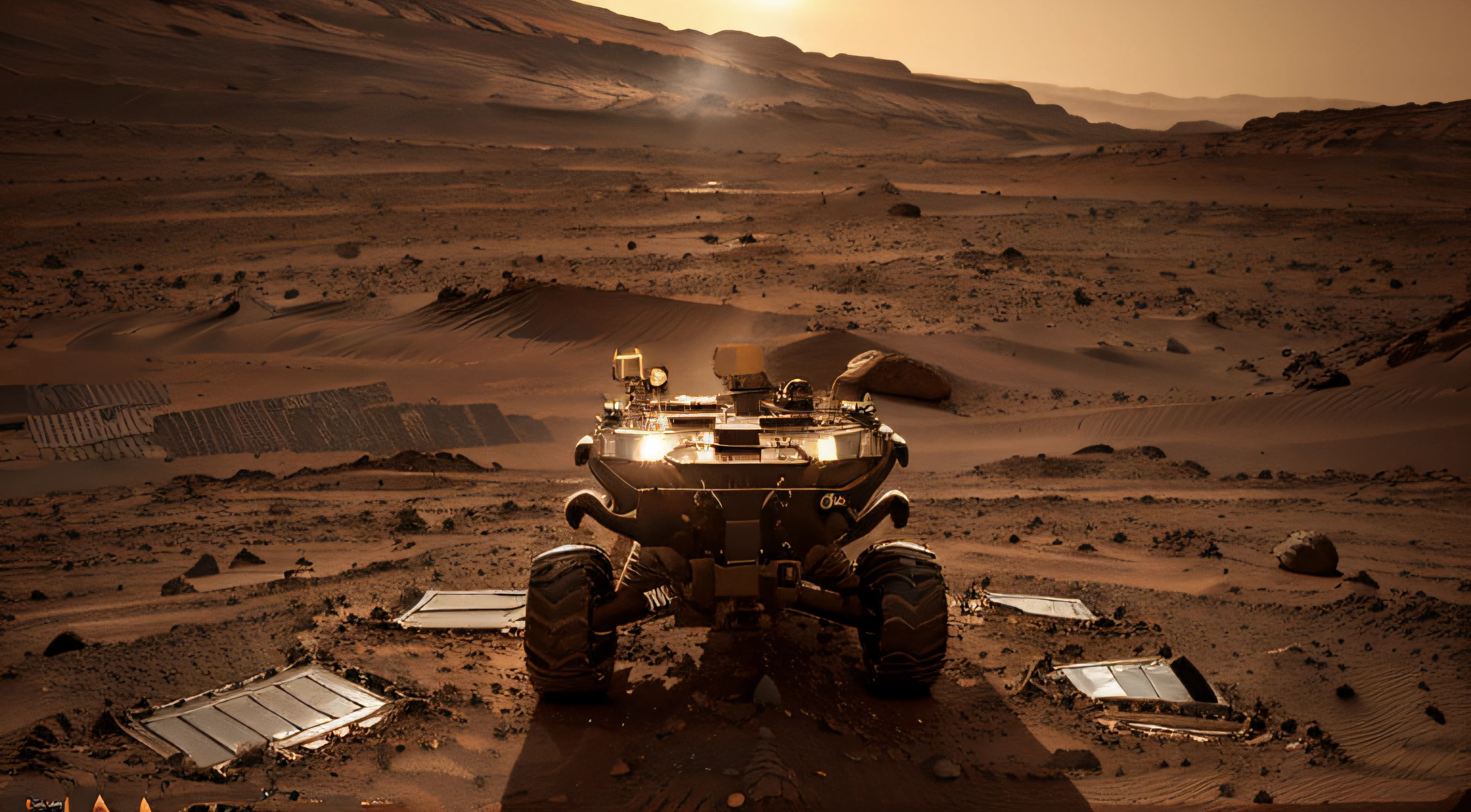 On Mars, the rover looks for signs of water, detects organic molecules, and analyzes soil composition. The rover has strong metal texture, solar panels, realistic photography, details of the Martian sky, golden section composition, ultra-wide angle, high realism, light and dark