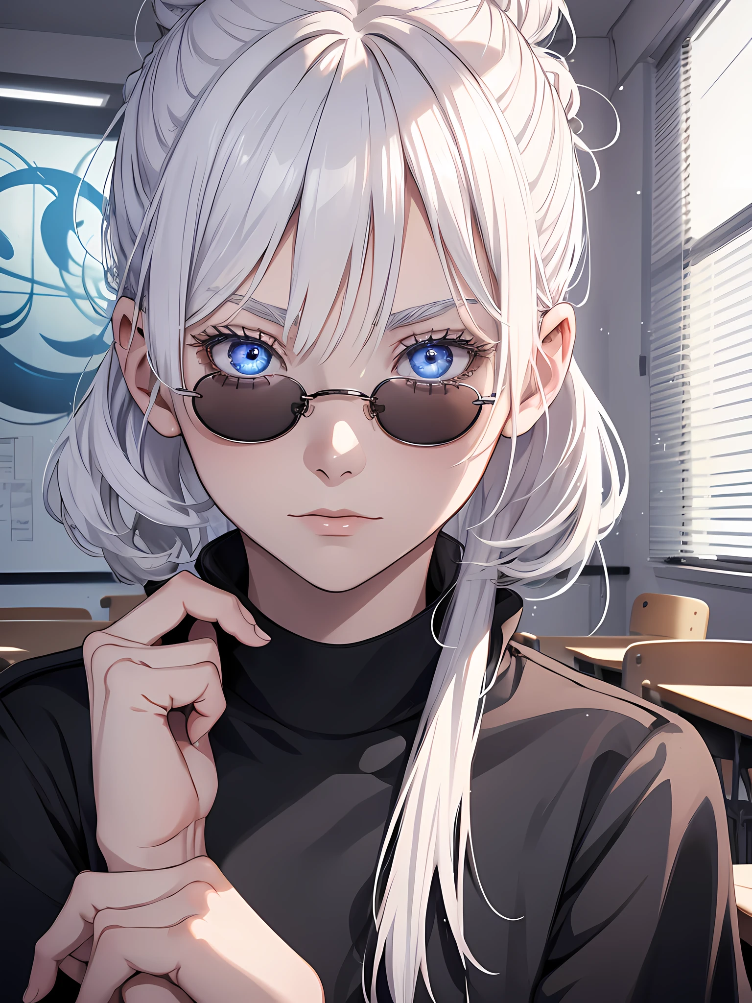 Woman, age 18, white hair, hair bun, wears round sunglasess, white eyebrows, white eyelash, white eyelashes, detailed eyes, glowing eyes, galaxy eyes, wearing black shirt, black clothing, in classroom, school, high quality, 4k resolution, anime