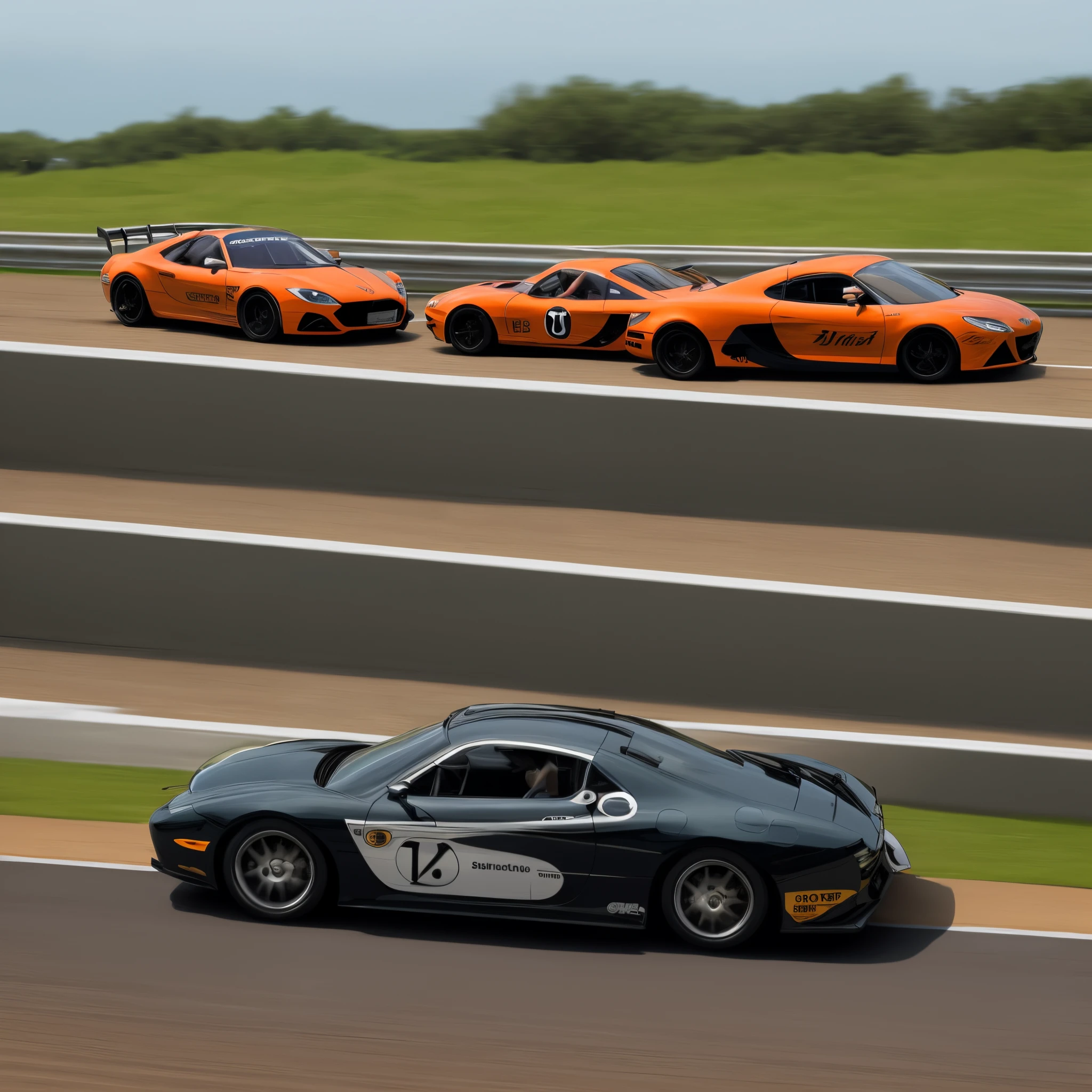 Orange cat and tortoiseshell
Cat driving a green Saturn car while racing a train. Realistic style.