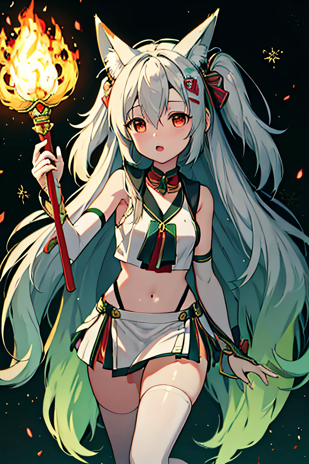 （Best Picture Quality，4K，8K，A high resolution，tmasterpiece：1.2），hyper-detailing，（realisticlying，realisticlying，realisticlying：1.37），green long hair，White hair ends，fox ear，Glowing green big tail，wisps of green fire，teens girl，lotus hat，Yin Yang fish ornaments，Holding pennant flag，funk，Dark antique robe。