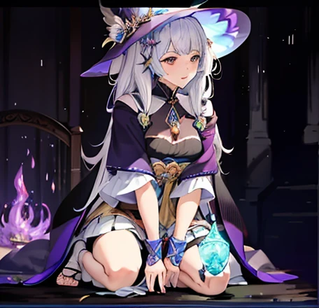 wearing hat、Close-up of person wearing skirt, Frivolous anime witch casts magic, Charming hypnotic woman, pretty sorceress, ((wearing aristocrat robe)), Ayaka Genshin impact, Misty Rain Magic Sand, longing embrace, female mage!, granblue fantasy, maintain vaginal position, A beautiful witch