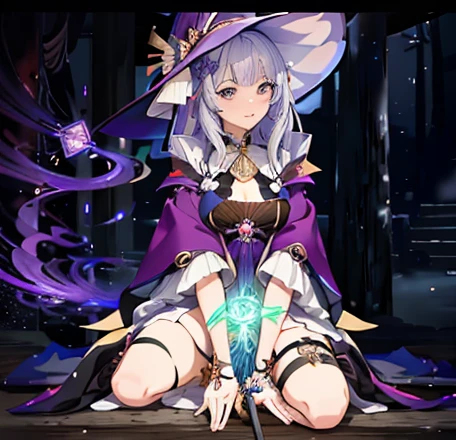 wearing hat、Close-up of person wearing skirt, Frivolous anime witch casts magic, Charming hypnotic woman, pretty sorceress, ((wearing aristocrat robe)), Ayaka Genshin impact, Misty Rain Magic Sand, longing embrace, female mage!, granblue fantasy, maintain vaginal position, A beautiful witch