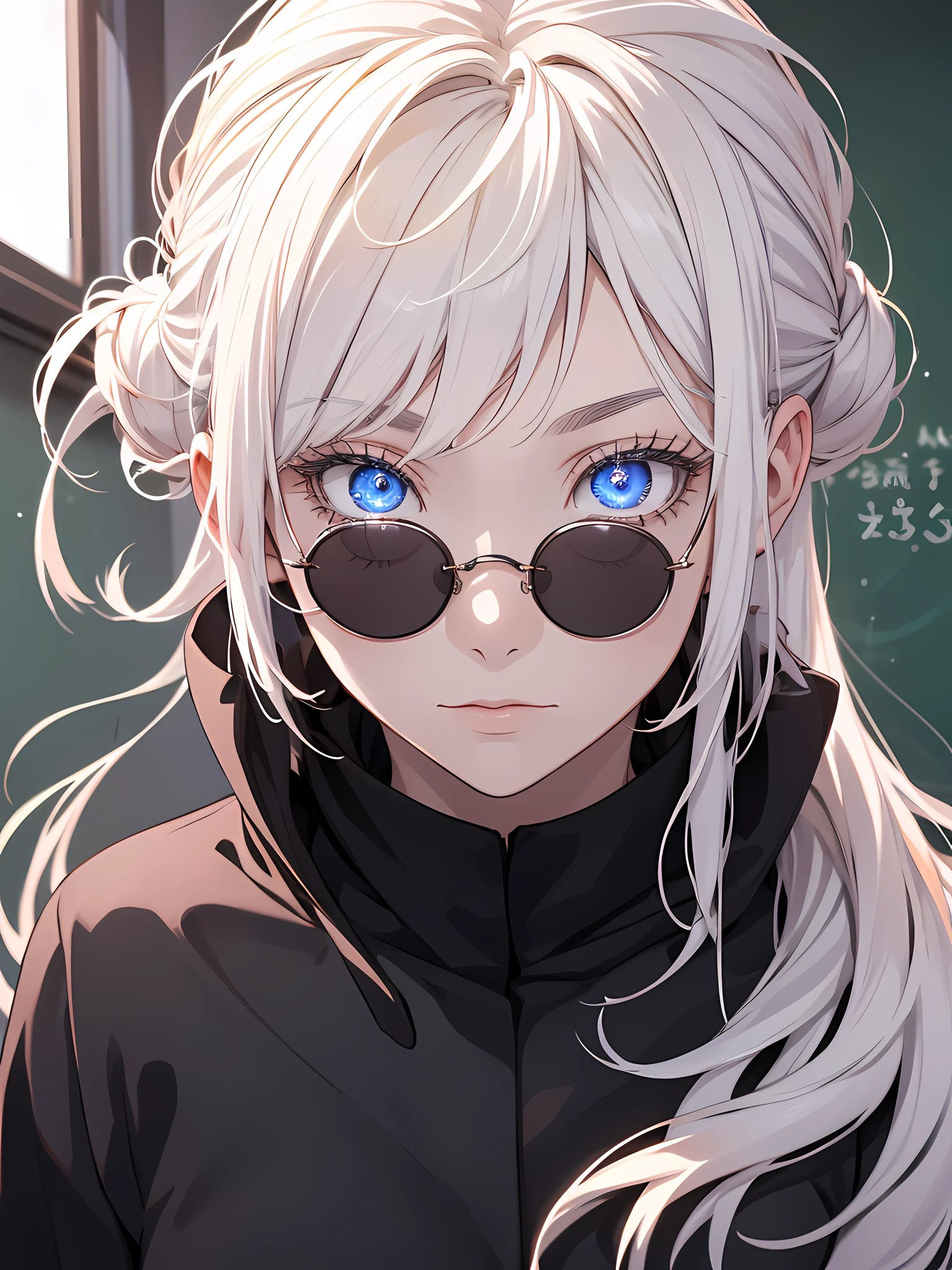 Woman, age 18, white hiar, hair bun, wears round sunglasess, white eyebrows, white eyelash, white eyelashes, albino, detailed eyes, glowing eyes, galaxy eyes, wearing black shirt, black clothing, in classroom, school, high quality, 4k resolution, anime