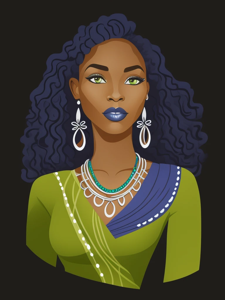 um close de uma mulher com um vestido azul e verde, in illustration style digital, matte digital illustration, pele escura deusa feminina do amor, character illustration, retrato detalhado do caractere, arte digital de um elegante, No estilo de arte de Bowater, Princesa africana deslumbrante, menina elegante afro-americana, Princesa negra africana, retrato colorido detalhado, retrato estilizado, mulher linda