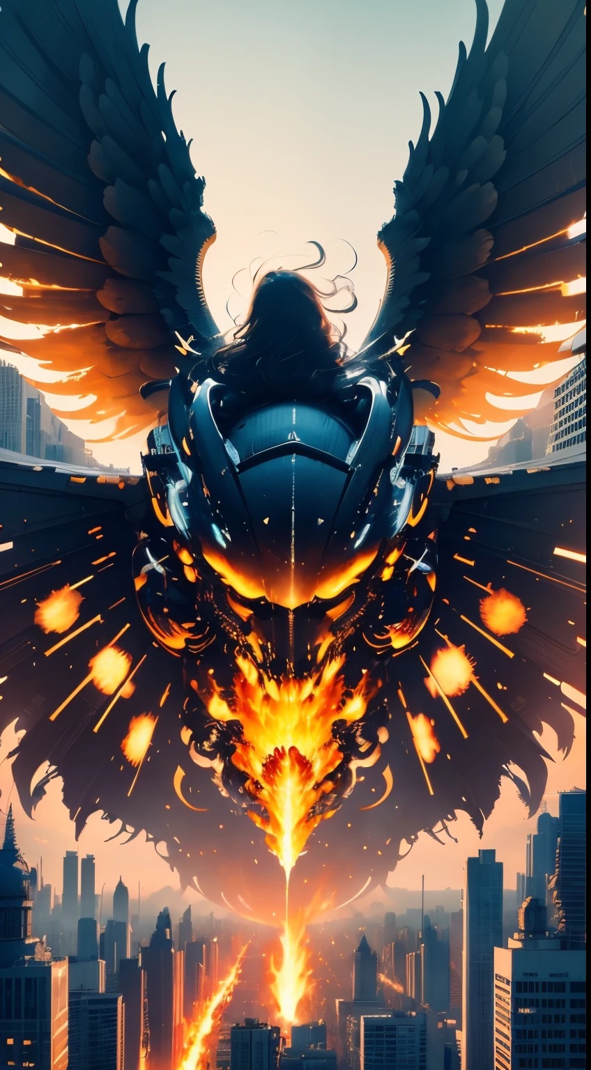 face, mechanical and animal like body, on fire, floating, city, huge angel,