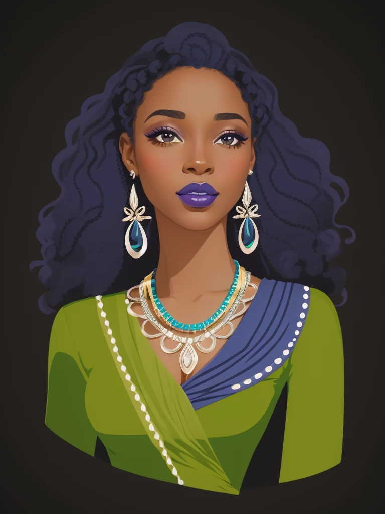 um close de uma mulher com um vestido azul e verde, in illustration style digital, matte digital illustration, pele escura deusa feminina do amor, character illustration, retrato detalhado do caractere, arte digital de um elegante, No estilo de arte de Bowater, Princesa africana deslumbrante, menina elegante afro-americana, Princesa negra africana, retrato colorido detalhado, retrato estilizado, mulher linda