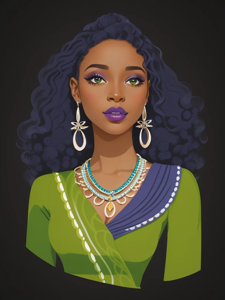 um close de uma mulher com um vestido azul e verde, in illustration style digital, matte digital illustration, pele escura deusa feminina do amor, character illustration, retrato detalhado do caractere, arte digital de um elegante, No estilo de arte de Bowater, Princesa africana deslumbrante, menina elegante afro-americana, Princesa negra africana, retrato colorido detalhado, retrato estilizado, mulher linda