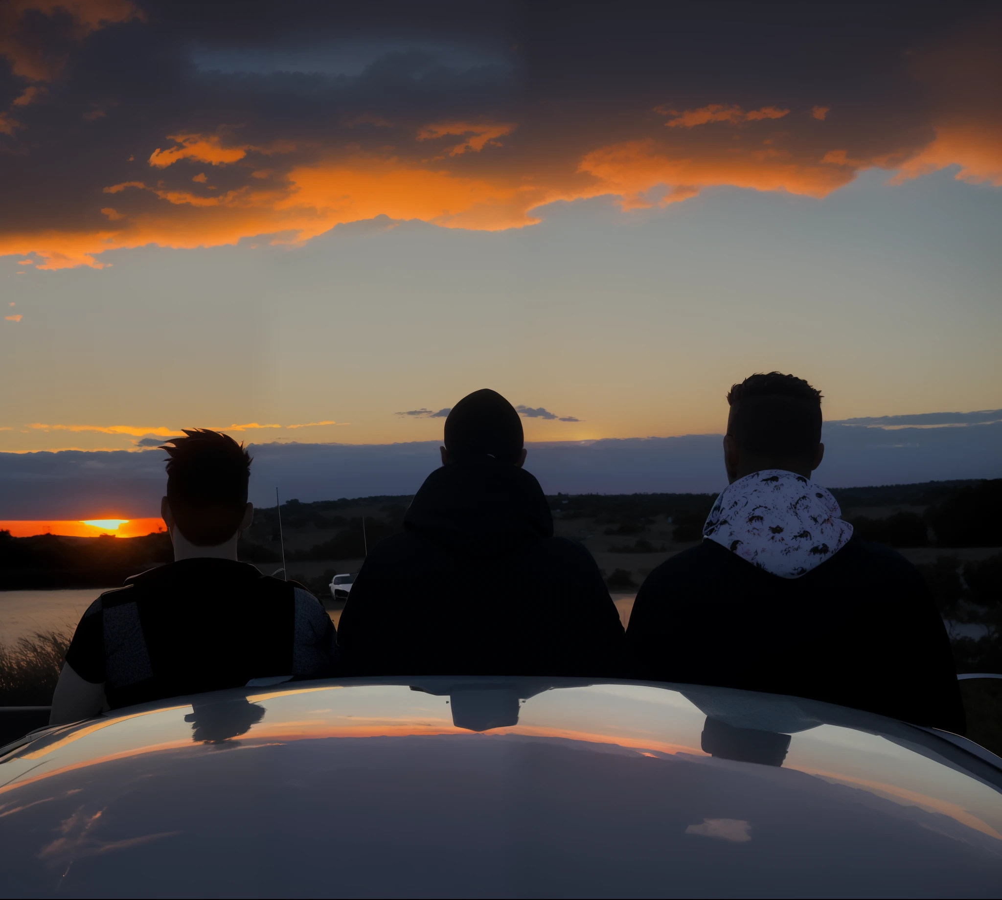 three men sitting on the hood of a car watching the sunset, watching the sunset, looking at sunset, going forward to the sunset, in the sunset, looking off into the sunset, during a sunset, bottom angle, sunset view, at the sunset, as the sun sets on the horizon, sunset in the background, looking out at a sunset, with sunset, during sunset