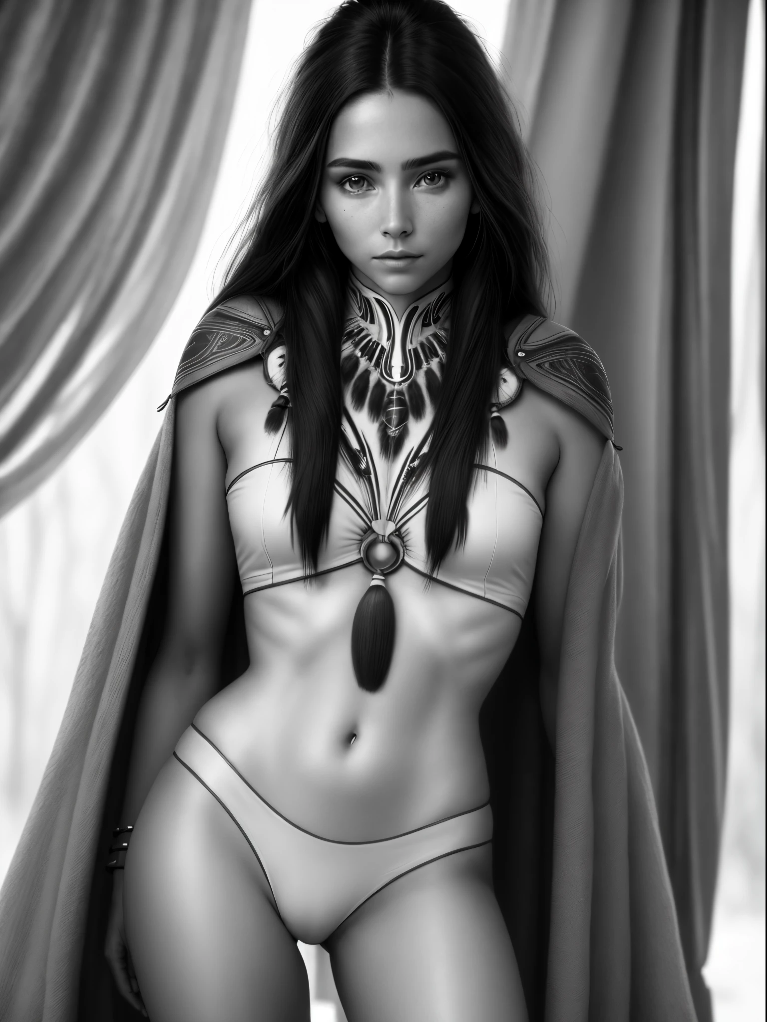 (Realistic:1.5), photorealistic, RAW photo, analog photo style, depth of field, ultra detailed photo of american indian woman, cute face, perfect body, dressed in minimal and sexy clothing with native and futuristic elements, 20 years old, she tilted her head but looking to camera, in idillic foggy hollow, dinamic pose, in style of Luis Rojo, naturally cinematic colors