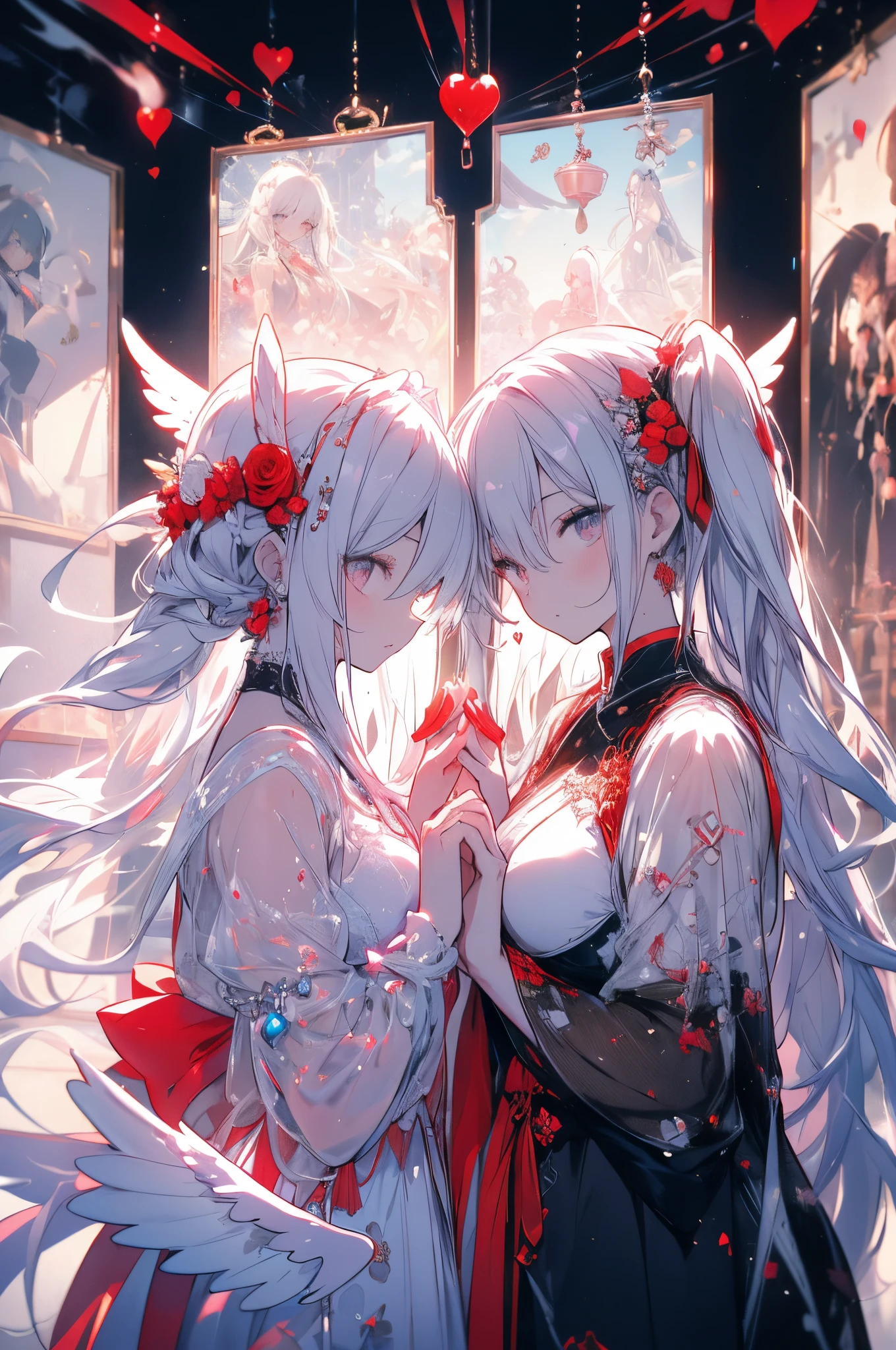 (masterpiece), best quality, expressive eyes, a couple of girls standing next to each other, by Pu Hua, featured on Artstation, gothic art, black and white with red hearts, each having six wings, beautiful gemini twins portrait, streaming on twitch, with long white hair, red dish, holding each other hands, anthro, beautifully rendered, HD