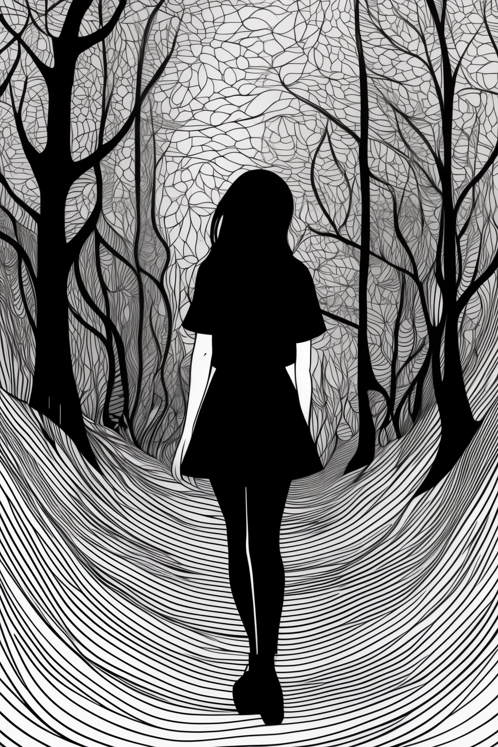 black and white drawing of a ((girl, Standing in the forest)), the silhouette is clearly visible, the plot is fully displayed, Thick lines with high detail, lines and movement of the wind and river, Thick lines, black & White graphics, Thick ink lines, thick black lines, .part, white stripes all over the forest in the background, lines, black & White Line Graphics, Op art, Drawing with thick lines, heavy contour lines, dark black