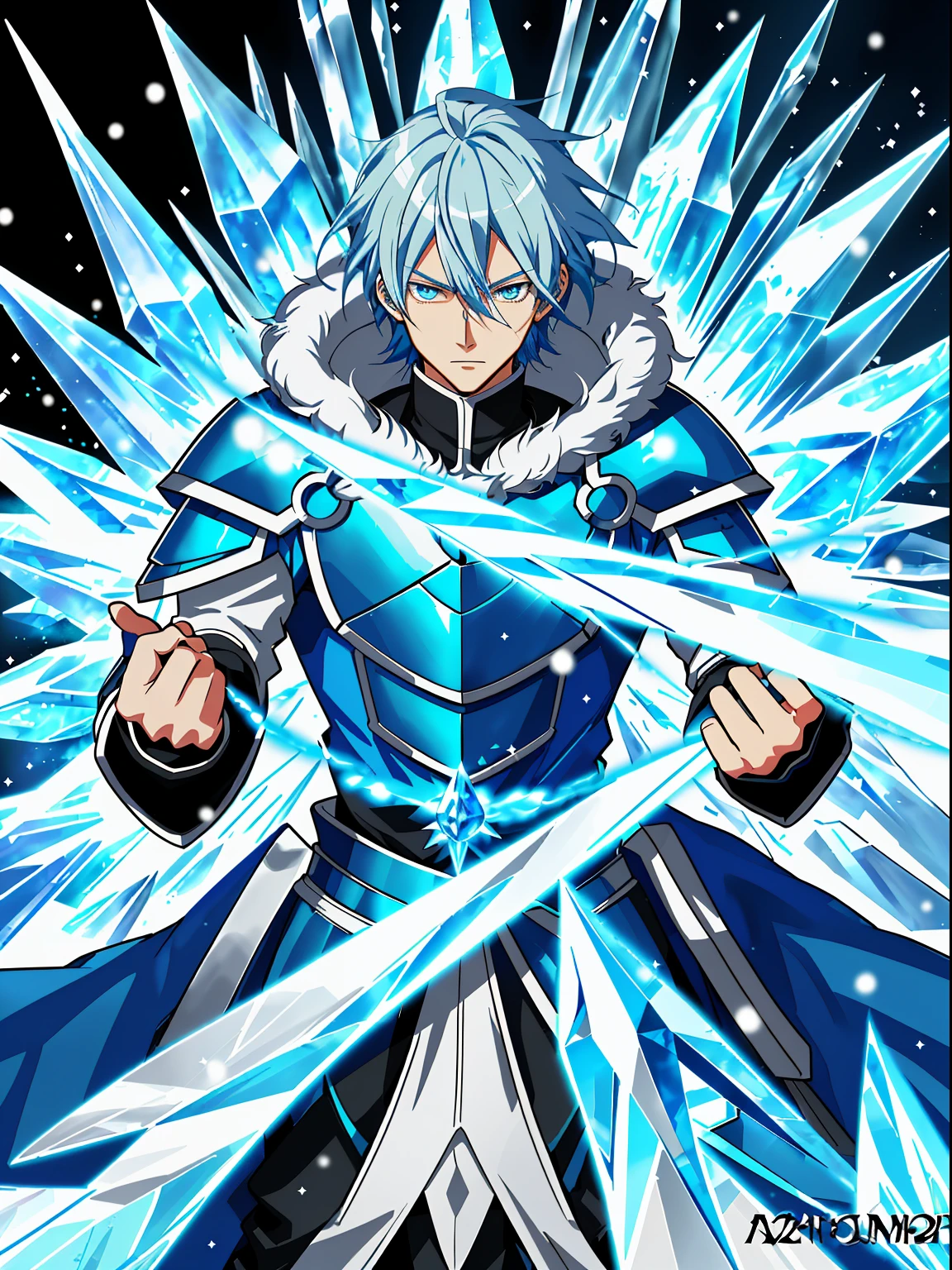 Anime character with blue hair and eyes in the snowy scene, Ice Mage,  Tall blue eyed anime character, freezing blue skin, Key anime art,, male anime characters, ice crystal armor, Detailed key animation art, Magic Knight complete avatar, blue and ice silver coat, Possess the power of ice