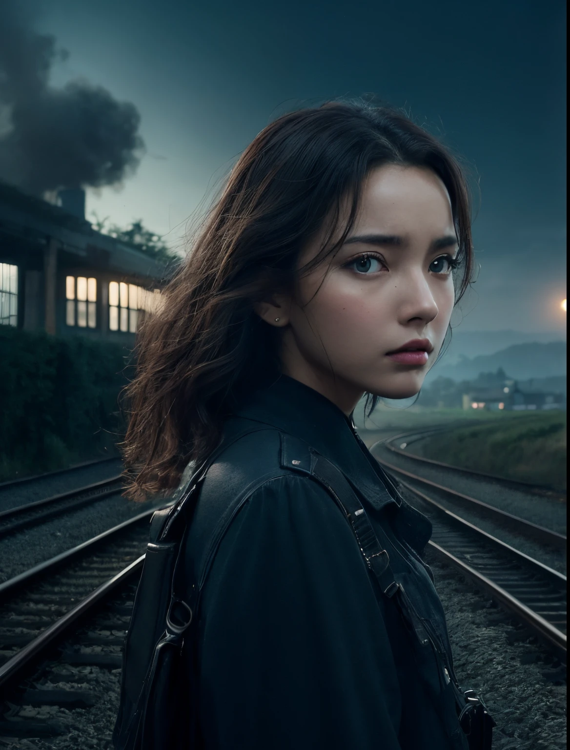 A beautiful woman stands alone on the platform of a rural station. Beautiful double eyes. The bridge of my nose. Well-shaped lips. dark brown hair. A frightened look. modern clothing. The time is late at night. An unmanned station. 8K image quality.