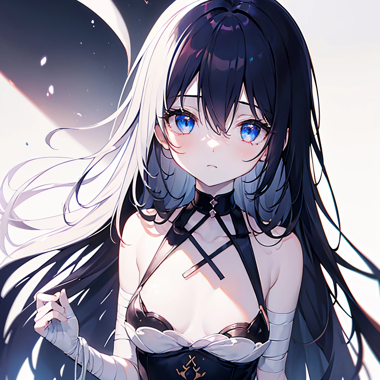 1 girl, no smile, sparkling navy blue eyes, (black hair) ,Cute woman with short baby face, bandaged, small stature, small breasts, , (masutepiece:1.2, Best Quality), (finely detailed beautiful eye: 1.2), (beautifull detailed face), High contrast, (Best Illumination, extremely delicate and beautiful), ((Cinematic Light)), Dramatic light, (Pale white background:1.5), bandaged_leg, bandaged_arm, bandaged_neck, mummy_costume, bandaged_hand, long_hair, collarbone, bandaged_head