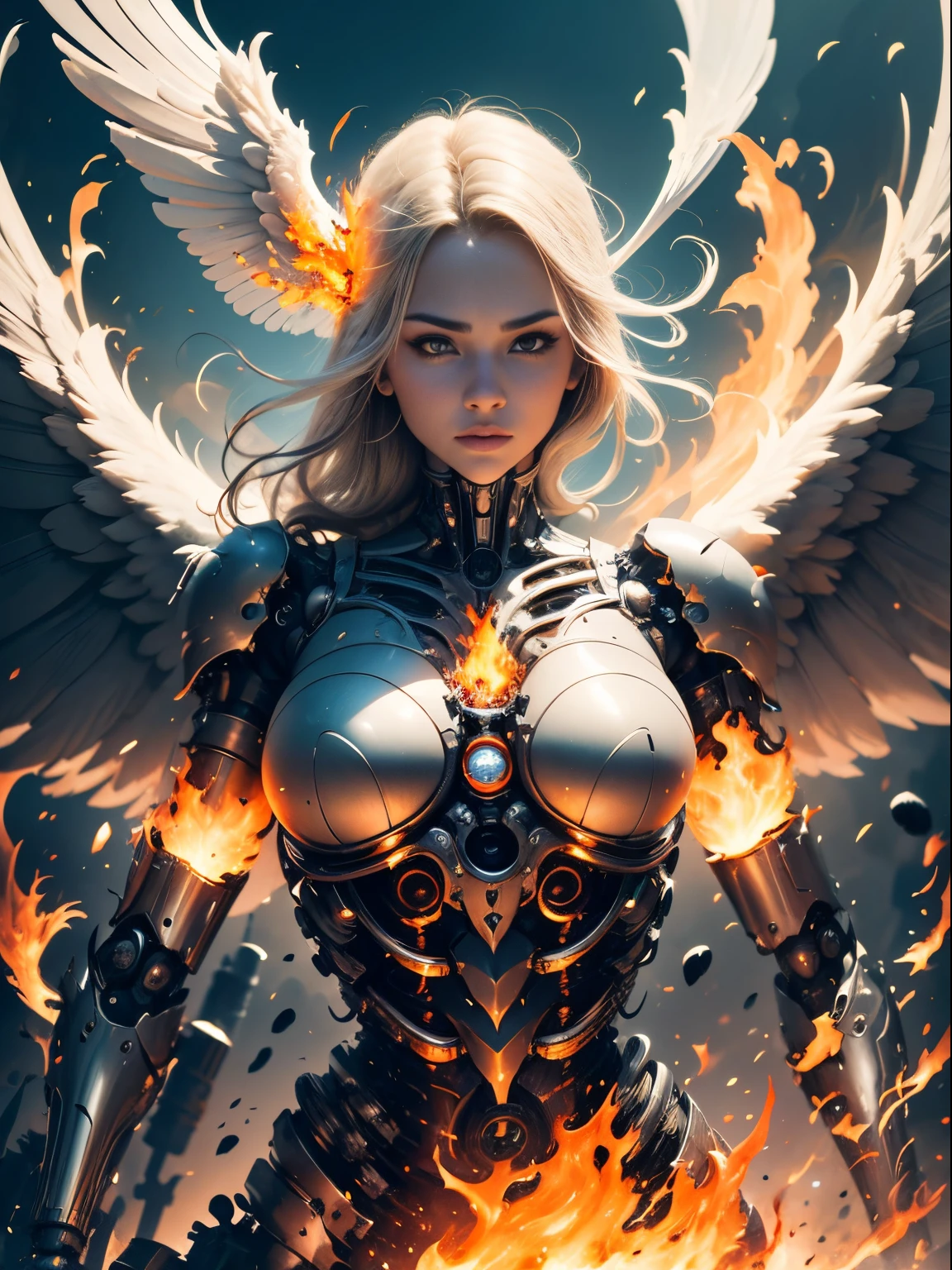 human face, (mechanical and animal like body), on fire, floating, huge angel,