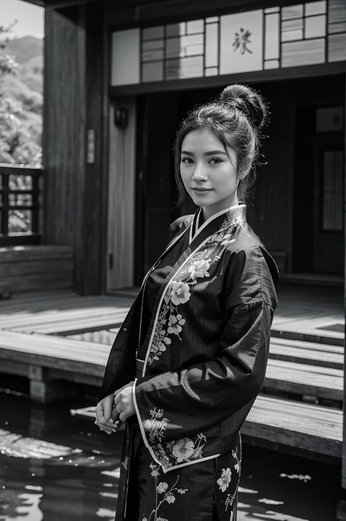 In the scene, a young woman is adorned in the traditional style of Chinese ink painting, donning clothing reminiscent of the aesthetics found in ink-wash art. She wears a subtle smile and gestures to politely decline, exuding an atmosphere of refined elegance. The background likely features a gentle landscape of mountains, water, or flowers, creating a serene ambiance. This composition is inspired by the stylistic elements of Chinese ink painting.