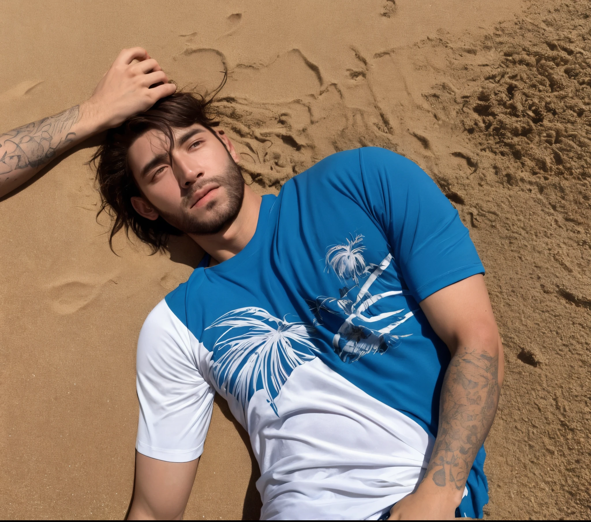 Criar uma imagem realista de um homem de olhos azuis e cabelos castanhos, usando camisa branca de praia com detalhes de coqueiros pequenos em cinza, e pelado com o  duro