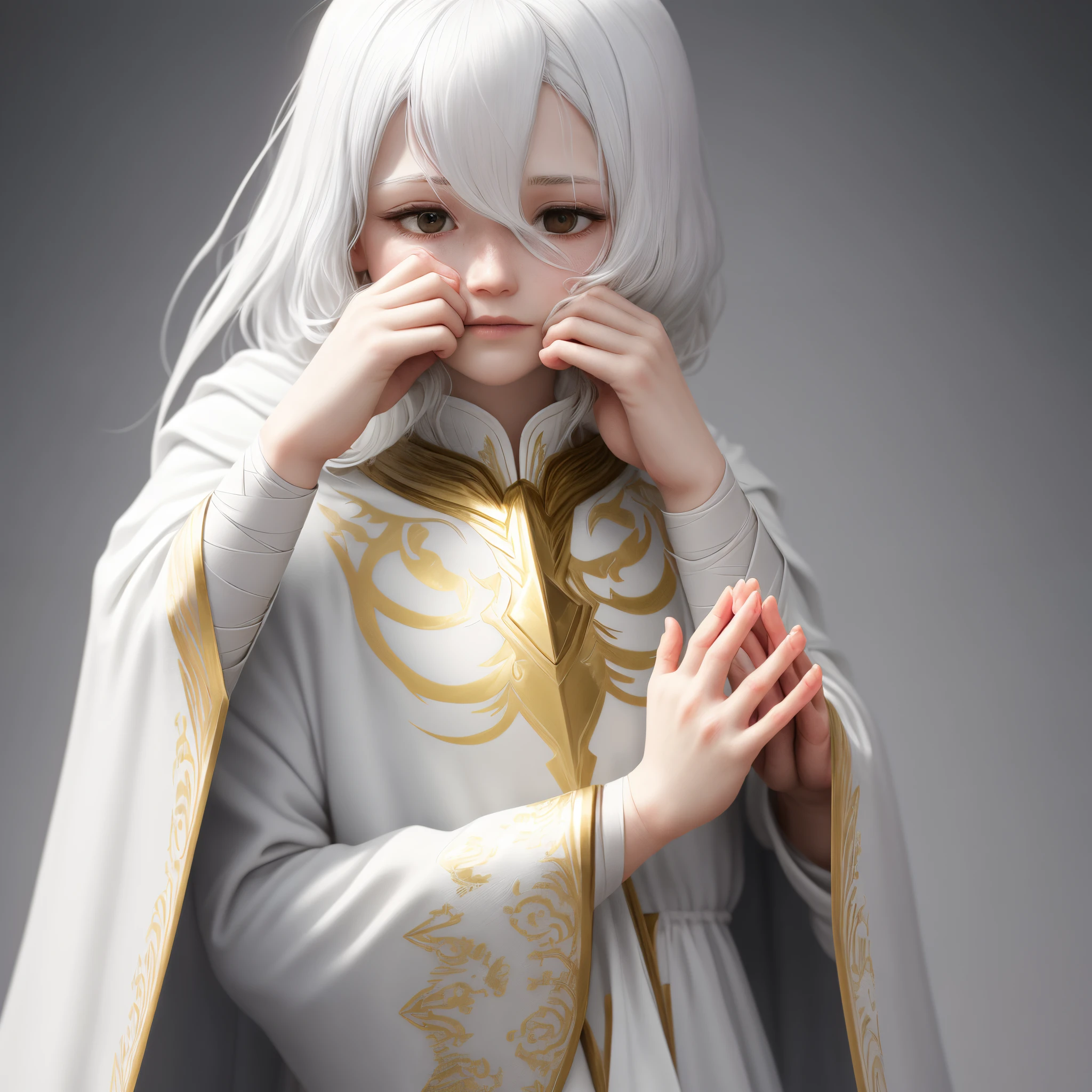 white color hair，Wearing a white cape，There are golden patterns on it，white bandage on eyes，Fingers of both hands clasped together in prayer pose