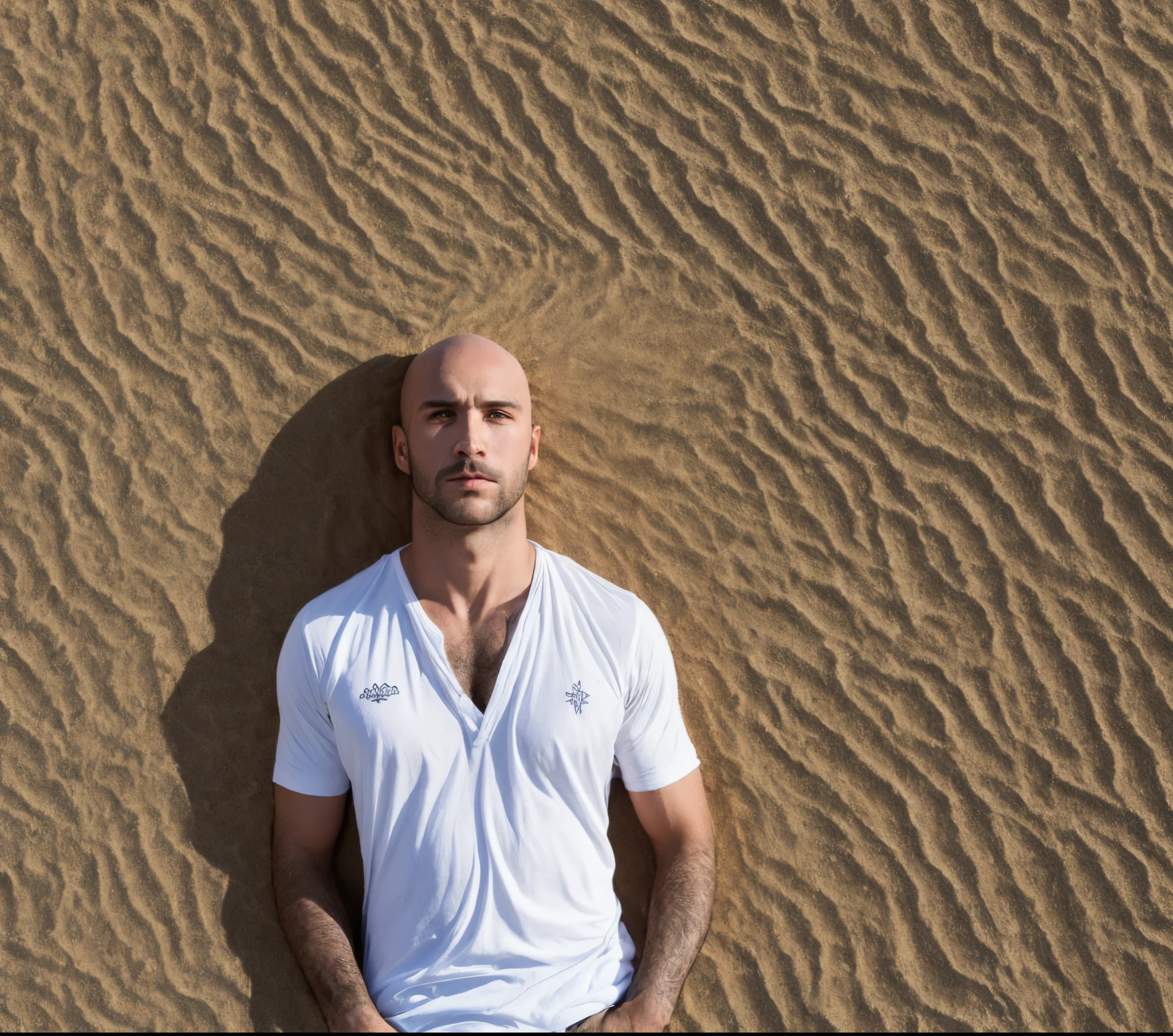 Criar uma imagem realista de um homem de olhos azuis e cabelos castanhos, usando camisa branca de praia com detalhes de coqueiros pequenos em cinza, e pelado com o  duro