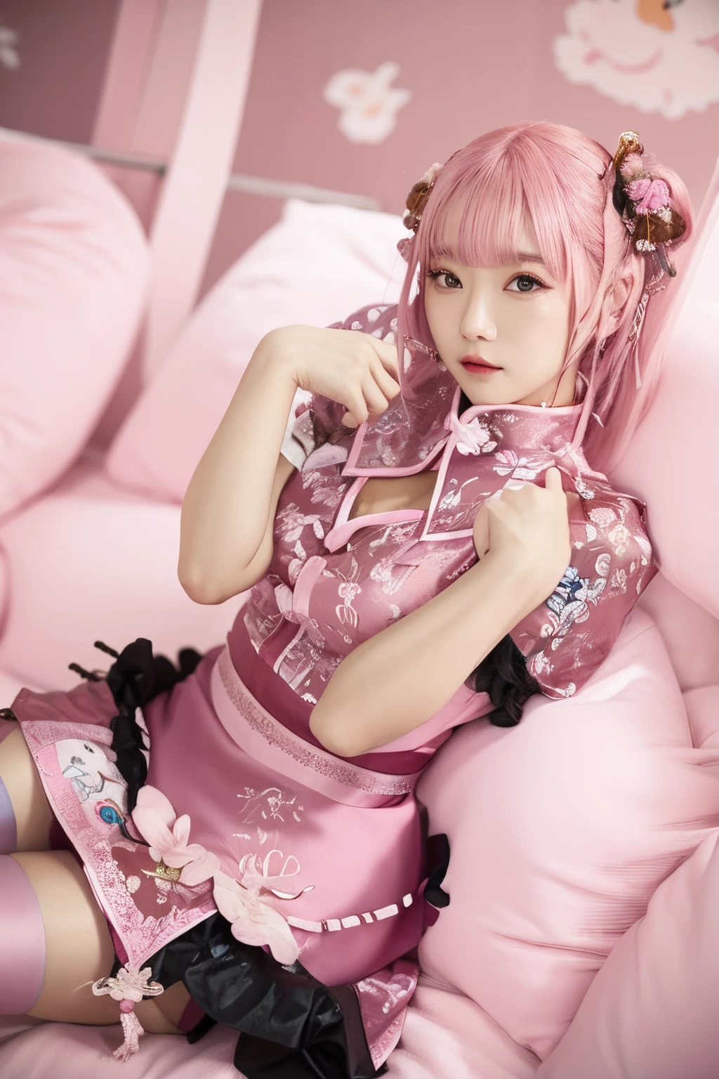 Pink hair、Pink cheongsam