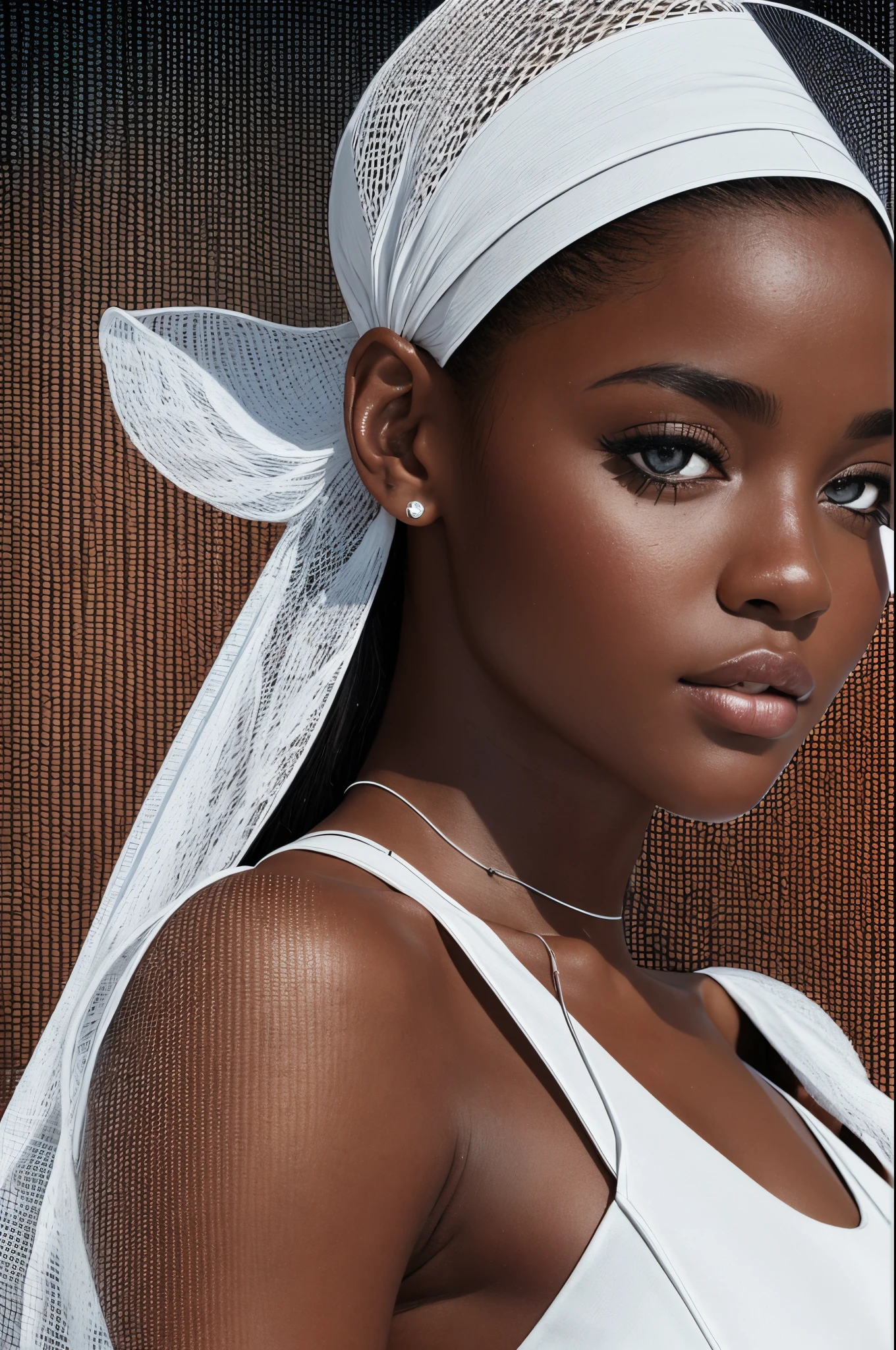 two beautiful female model in white dress, dark skin, posing with two black reflectors, in the style of hyper-realistic sci-fi, pseudo-realistic, redscale film, uhd image, shoot on fuji xt-5, 8k, award winning, high details --auto --s2