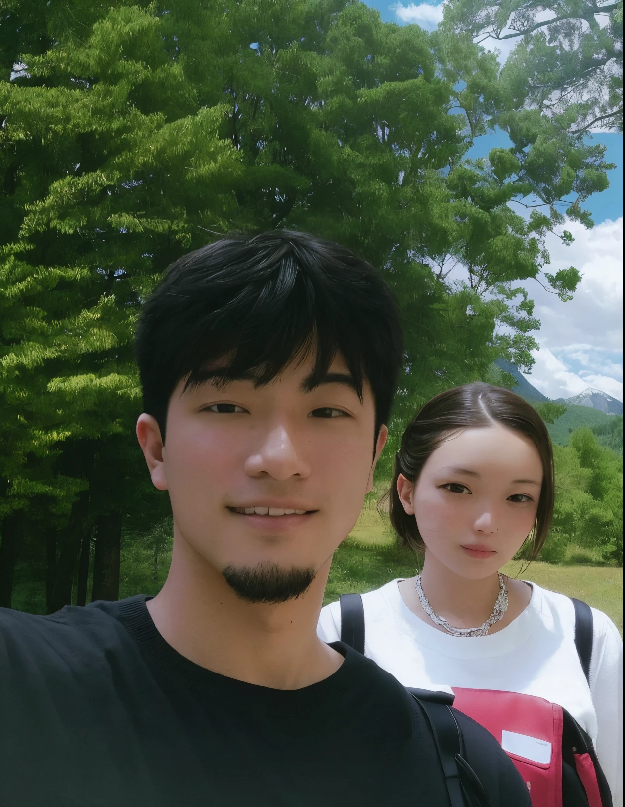 there are two people standing next to each other in a park, couple, trees in the background, vacation photo, selfie photo, help me, with trees, a picture, long distance photo, with wart, with mountains in the background, park in background, picture, in front of a forest background, scandy and arender, lovely couple, against the backdrop of trees