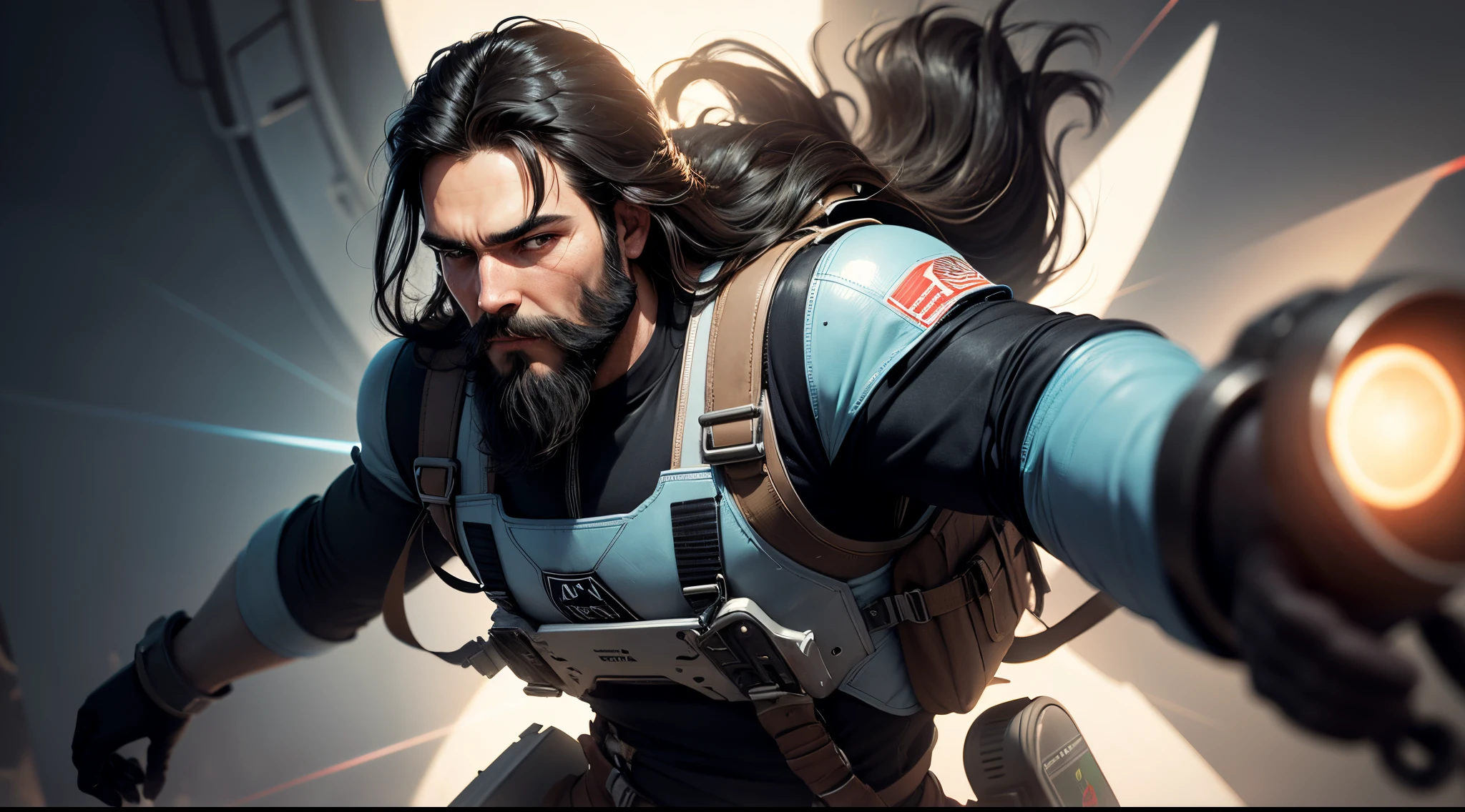 1 Man solo, he has a short black beard and he has long black flowing hair. jetpack. sci-fi jetpack