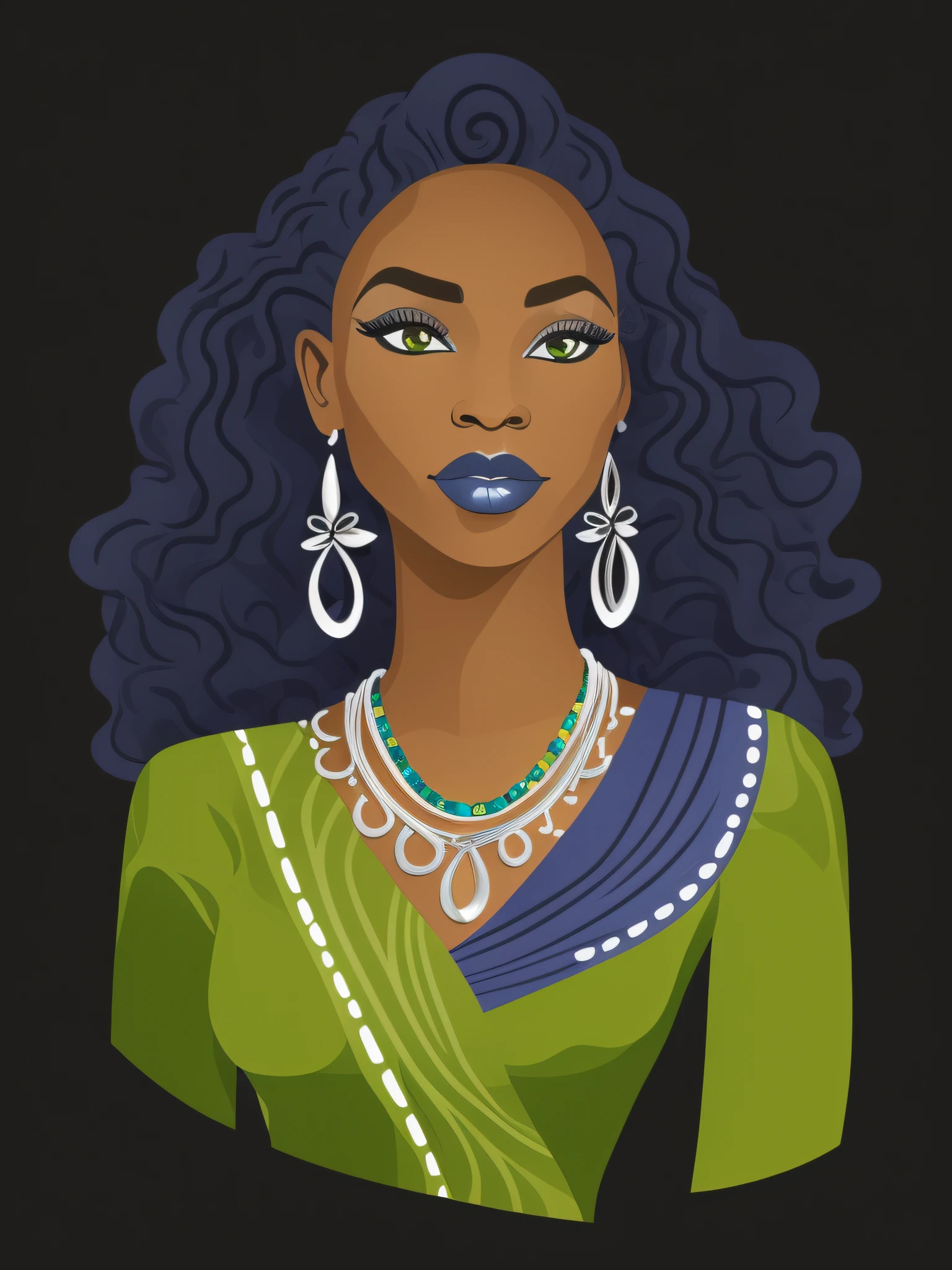 um close de uma mulher com um vestido azul e verde, in illustration style digital, matte digital illustration, pele escura deusa feminina do amor, character illustration, retrato detalhado do caractere, arte digital de um elegante, No estilo de arte de Bowater, Princesa africana deslumbrante, ****** elegante afro-americana, Princesa negra africana, retrato colorido detalhado, retrato estilizado, mulher linda