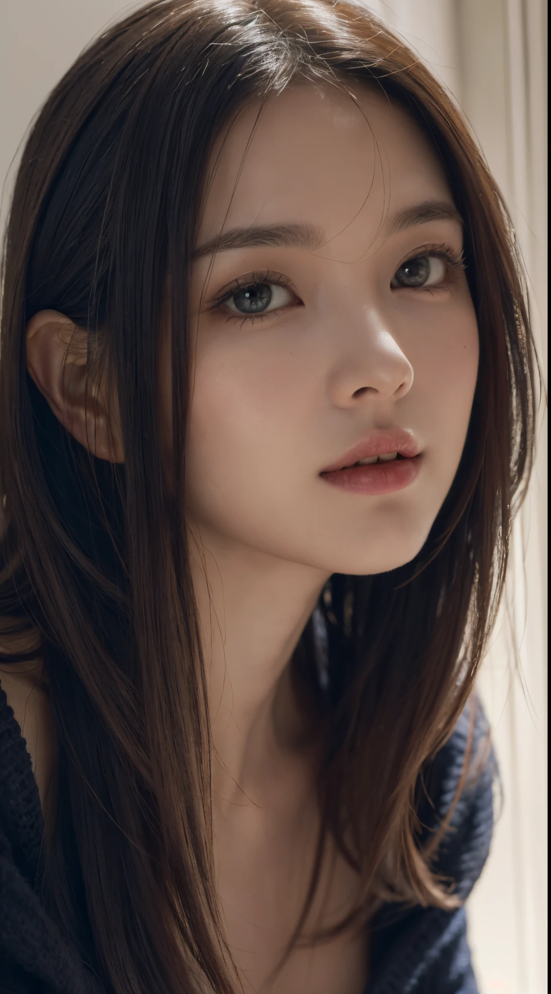 (A hyper-realistic)、(illustratio)、(hight resolution)、(8K)、Beautiful girl in perfect style:1.3、20 years girl、(ighly detailed)、Frontal shot、(Best Illustration)、(beautifully detailed eyes)、Bewitching eyes、Clear skin、Detailed hair strands、Realistic texture、(top-quality)、(ultra-detailliert)、portlate、(masterpiece)、(wall-paper)、(A detailed face)、独奏、1 girl in、looking at viewert、fine detailed、A detailed face、in the darkness nigth、deep-shadows、lowkey、pureerosfaceace_v1、A smile、long、hyperdetailed face、cleavage of the breast、A detailed eye、二重まぶた、Brown eyes、Sensational One Woman、large and soft chest、Raw photography, top-quality,Black shawl straight hair、large udder、((Beautiful skin))、Perfect fingers、46-point diagonal bangs、(top-quality), (realisitic, Photorealsitic:1.6), 8K, Soft lighting, hightquality, lighting like a movie, full body Esbian,Wear a black knitted sweater、