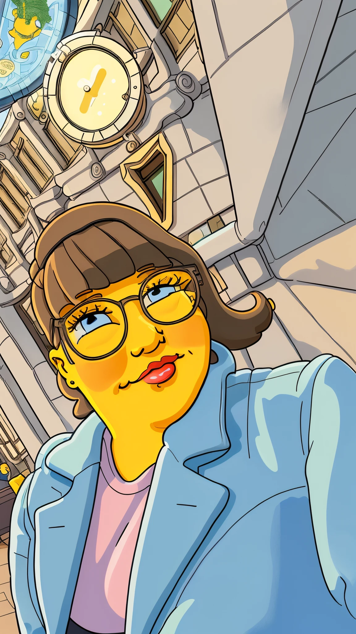 a picture of a simpsonised  chubby young woman with a coat in an ancient trainstation