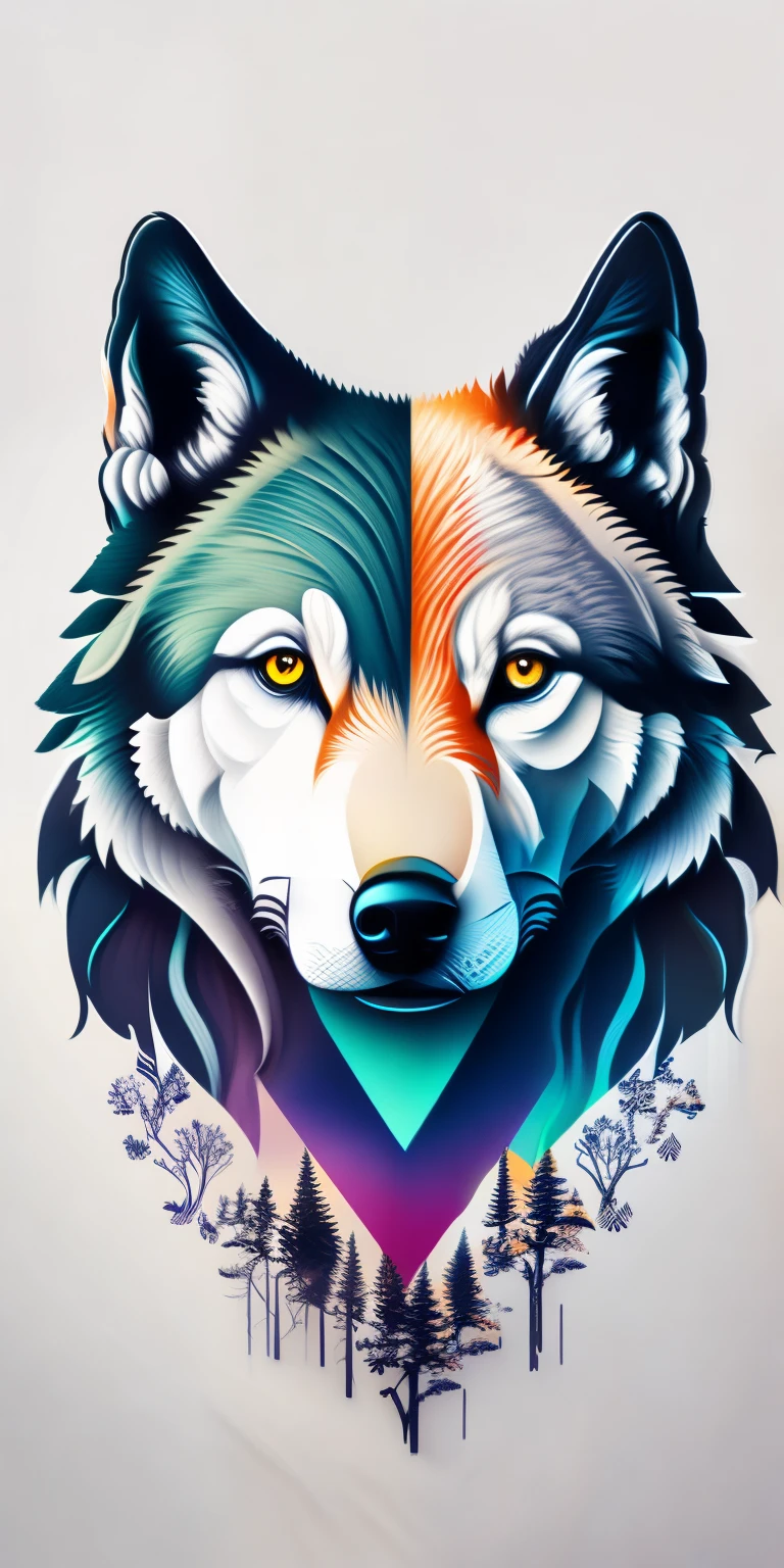 wolf head, floresta, fundo branco, design de camiseta, rzminjourney, arte vetorial