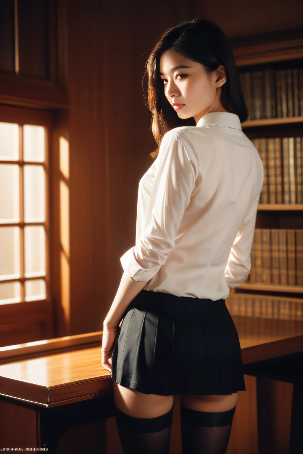 masutepiece, Beautuful Women, (Fantasy Library Background), (Tight Open Business Shirt), (Very short skirt), (Stockings),  (medium breasts), Perfect body, Legs, (Skin Texture:1.1), Best Quality, 超A high resolution, (Photorealistic: 1.4), Raw photo, , nikon d850 film stock photograph, F1.6 lens, Rich colors, Realistic, cinestill 800, Backlight, Rim lighting, Studio Lighting, Erotic Photography, Bend over the desk, from behind