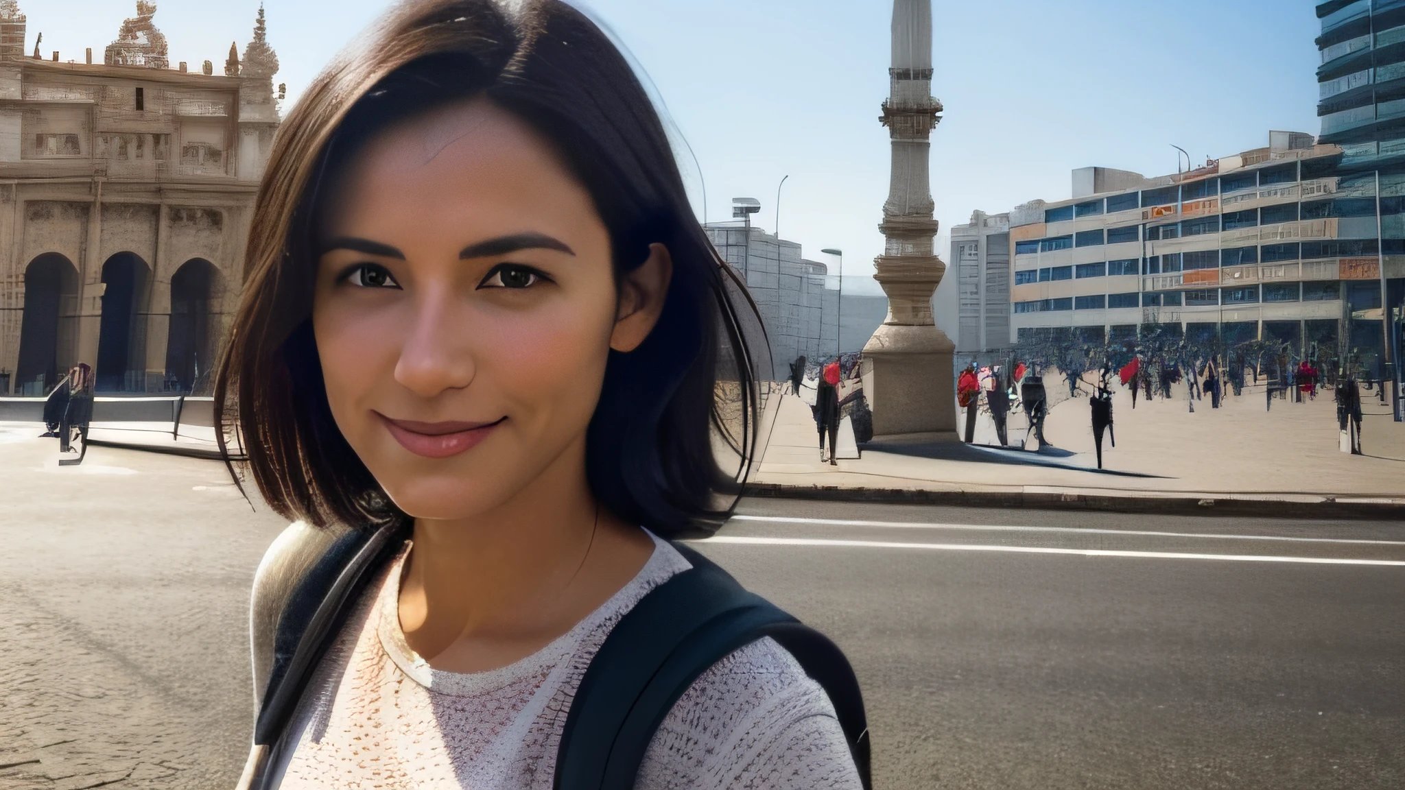 A woman, a 40-year-old European backpacker with short, dark hair, is portrayed in a wide medium wide shot. The camera captures her from behind, with her head turned towards the camera. Standing in front of a landmark in Lima, Peru. Being a backpacker, the woman is dressed in casual and practical clothing suitable for her adventurous journey.