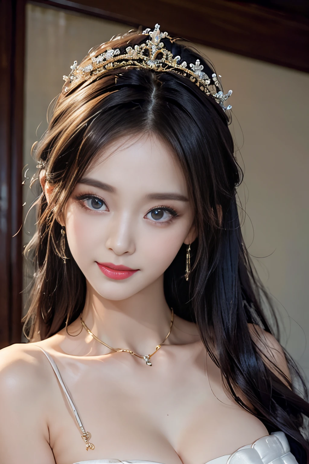 Top quality work，Photorealistic works，Ultra Premium Graphics，8K HD CG works，High-quality graphics，High-definition fine CG works，10x pixel，Ultra-fine details：1.1，Advanced technical details：1.1Photographically realistic, A high resolution ,Transparent hair，High Detail Hair（Premium Hair Detail：1.1）Clear eyes，Good looking double eyelids，Sharp eye makeup, Delicate makeup for eyelashes, Thin eyebrows, ultradetailed eyes，High Nose, lovely red lips, Rose cheeks, Face with delicate makeup , Pretty Face, A perfectly proportioned face,（Advanced facial details：1.1）, Women's Artwork，full-body view，Goddess of Dress，，amazing，Today's eyes are bright ((​masterpiece、top-quality、high-detail))、1人、(Photorealsitic:1.4)、独奏、closes mouth、Happy smile、Smile happily、pretty black hair、Shorthair、big eye、Distinct double eyelids、Lashes、Put your ears out、long neck、Absolute area、skirt by the、((Face Close-up))、(Cap、Draw all the shoulders)、age19、Attractive proportions、glowy skin、Clean collarbone、The face of the golden ratio、face perfect、Tear mole、Mole on the chest、bangss、Clean bangs、lipgloss、thin lipss、White-colored skin、barechested、large full breasts