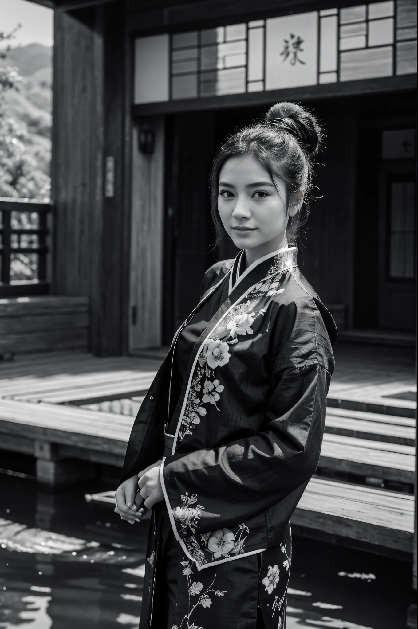 In the scene, a young woman is adorned in the traditional style of Chinese ink painting, donning clothing reminiscent of the aesthetics found in ink-wash art. She wears a subtle smile and gestures to politely decline, exuding an atmosphere of refined elegance. The background likely features a gentle landscape of mountains, water, or flowers, creating a serene ambiance. This composition is inspired by the stylistic elements of Chinese ink painting.