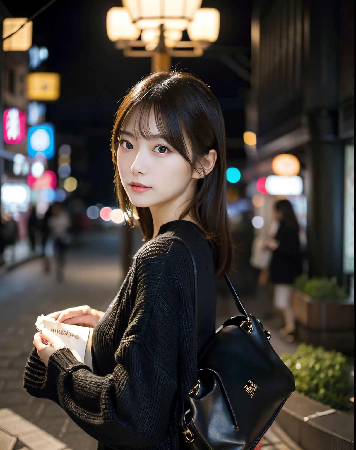 8K、masutepiece, Best Quality, ultra-detailliert、Realistic、Professional photos taken with Nikon、finely detail, hight resolution, Perfect dynamic composition, Beautiful detailed eyes、Arafe woman in black sweater and black purse, Gorgeous young Japan woman, Beautiful young Japan woman, beautiful japanese female, a japanese girl, Japan Women Fashion Models, In front of an elegant restaurant、shot at night
