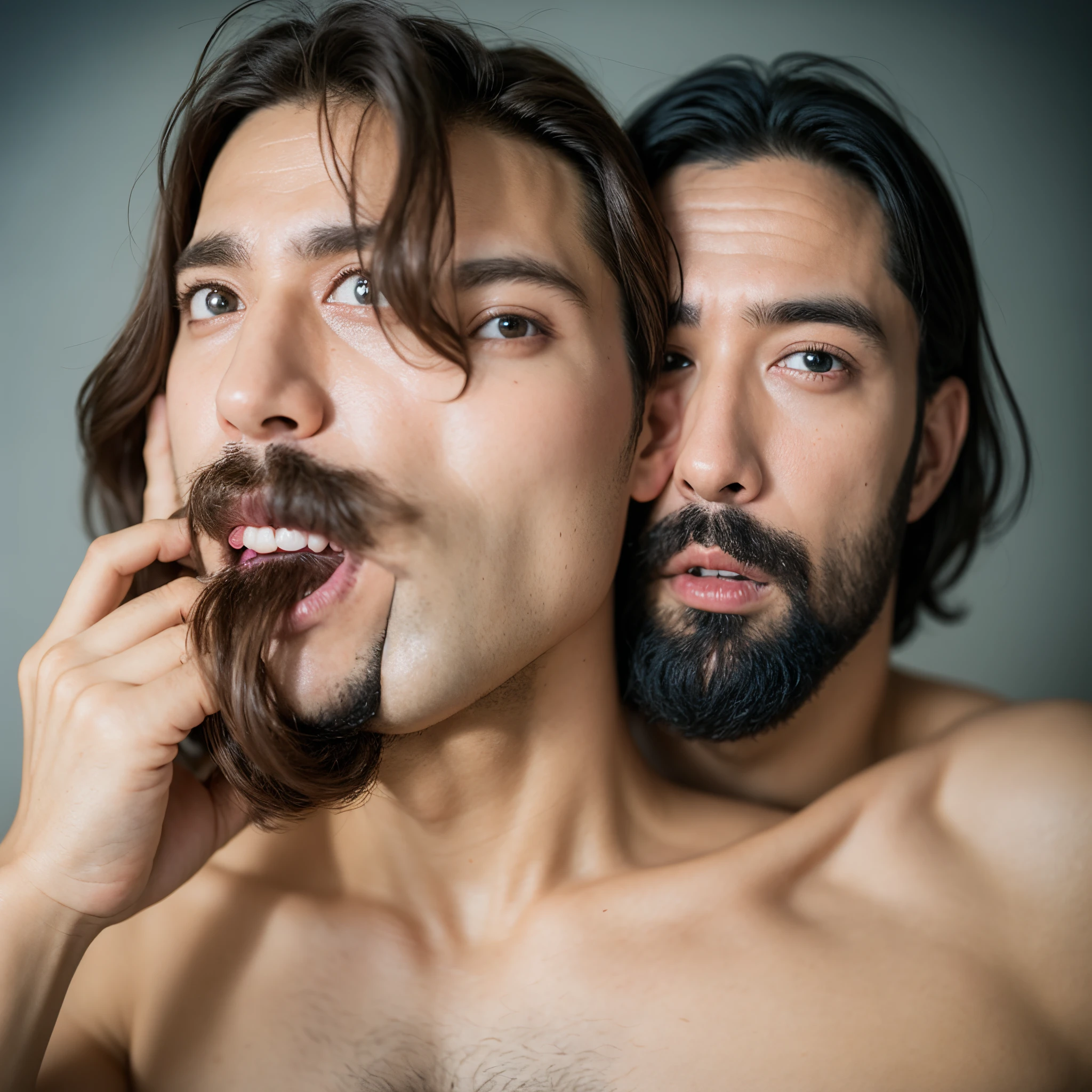 Criar uma imagem realista de um homem pelado com o pau duro. Homem de olhos azuis e cabelos castanhos