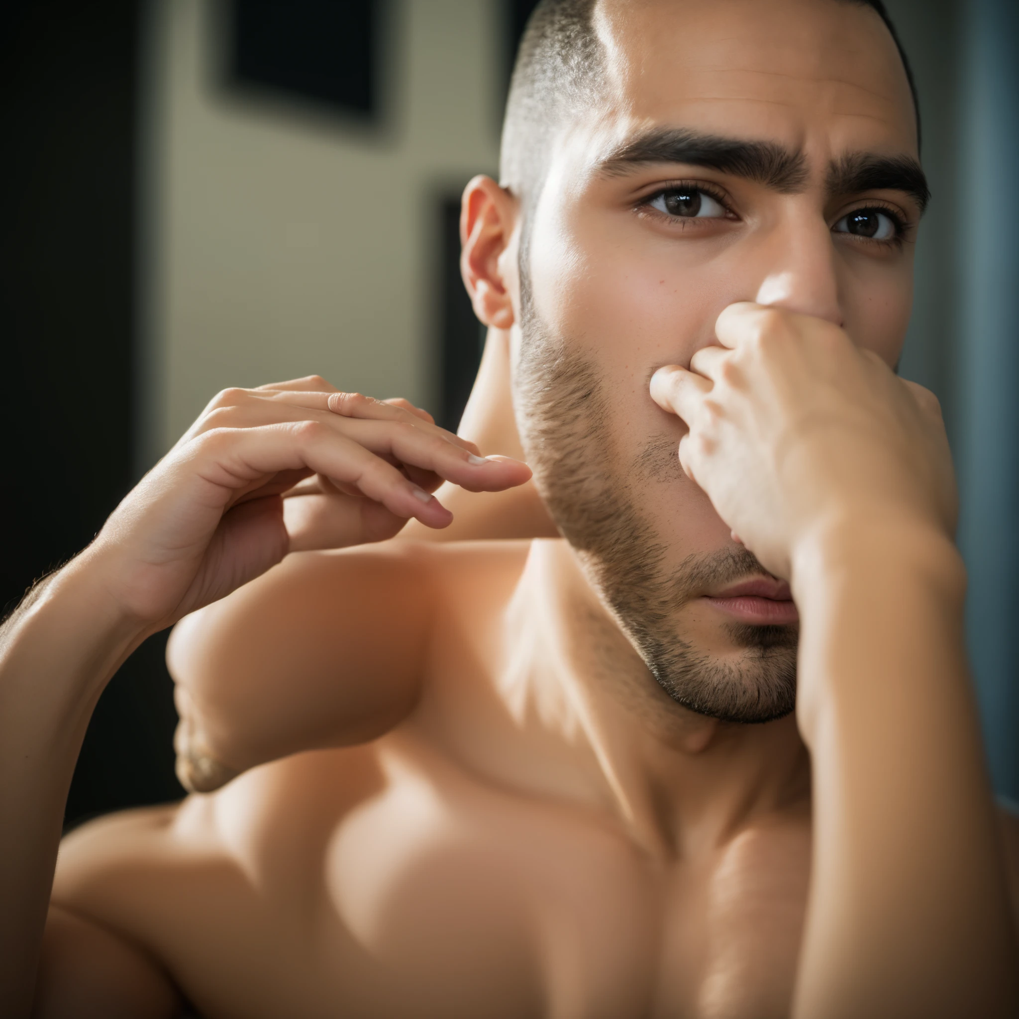 Criar uma imagem realista de um homem pelado com o pau duro. Homem de olhos azuis e cabelos castanhos
