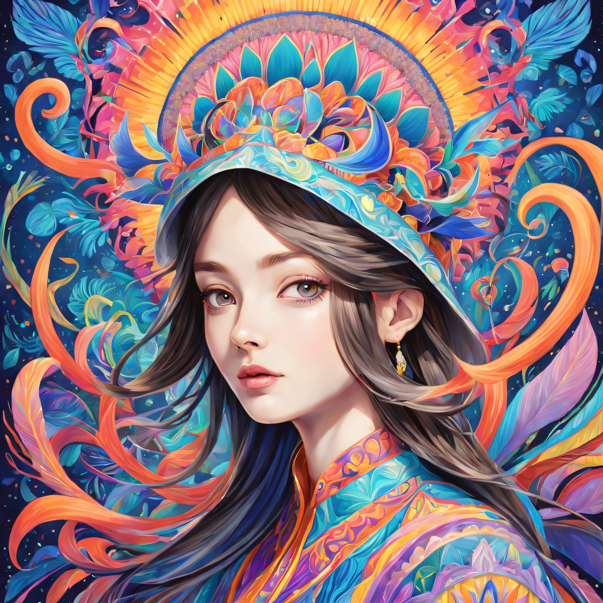 Portrait of a Deep Psychedelic Therapist, Surreal,vibrant with colors, Hallucinogens, the face, iintricate, Elegant, agility, The content is very detailed, digitial painting, art stations, concept-art, Focus sharp, illuminations, datura, Abstract, fractalized, patterned, Creative, art stations, vector, accurate lines,Elegant curves。(best quality,4k,8k,highres,masterpiece:1.2), ultra-detailed, realistic:1.37。